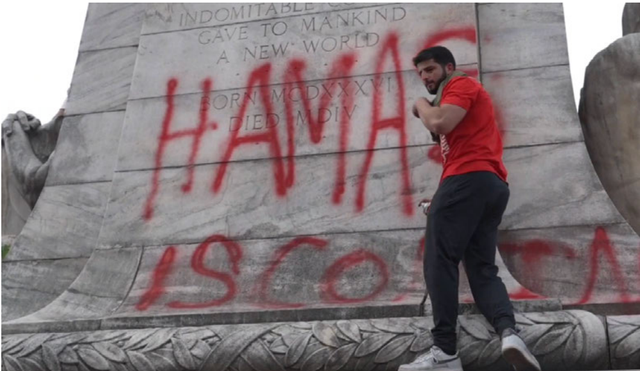 <p>The man who sprayed ‘Hamas is coming’ on the side of a Christopher Columbus statue in Washington, DC in July has been identified  </p>