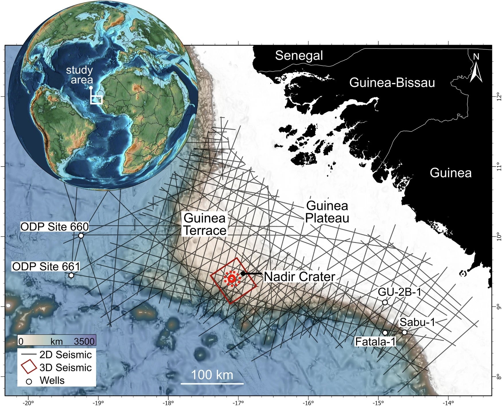 Mappa che mostra la posizione di un raro cratere al largo della costa dell'Africa occidentale.