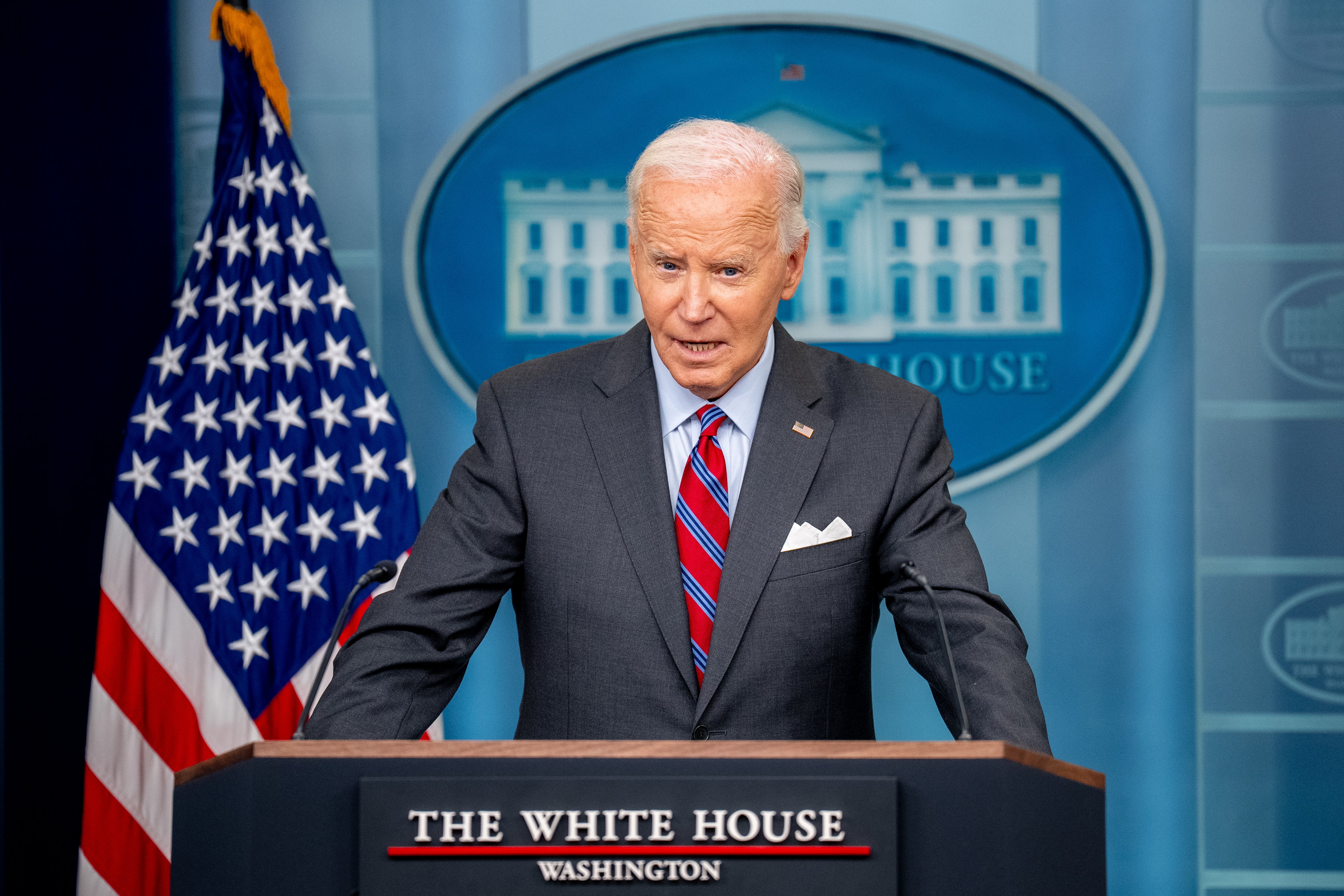 US President Joe Biden speaks during news conference at White House on Friday