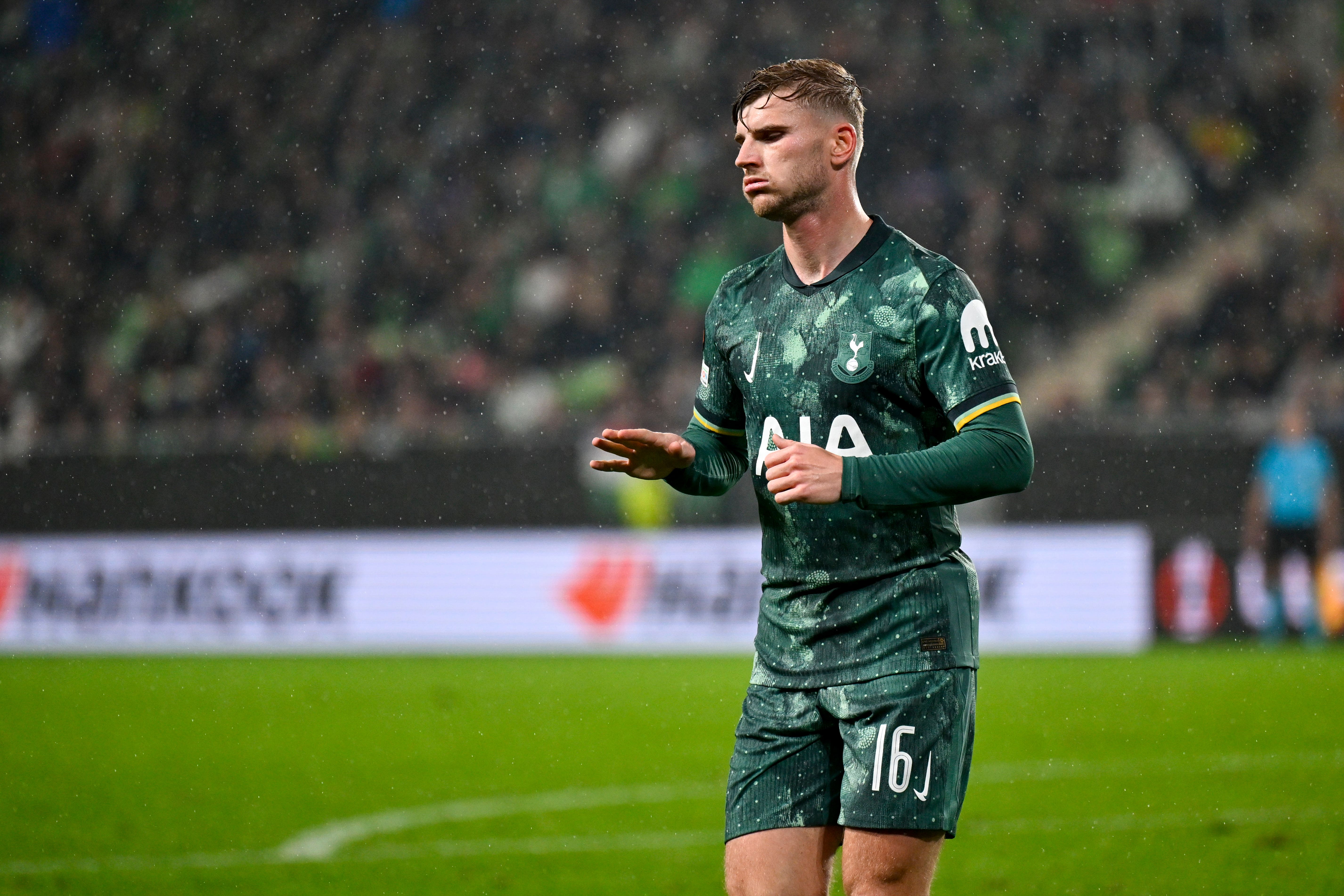 Timo Werner reacts during Tottenham’s 2-1 win at Ferencvaros (AP Photo/Denes Erdos/PA)