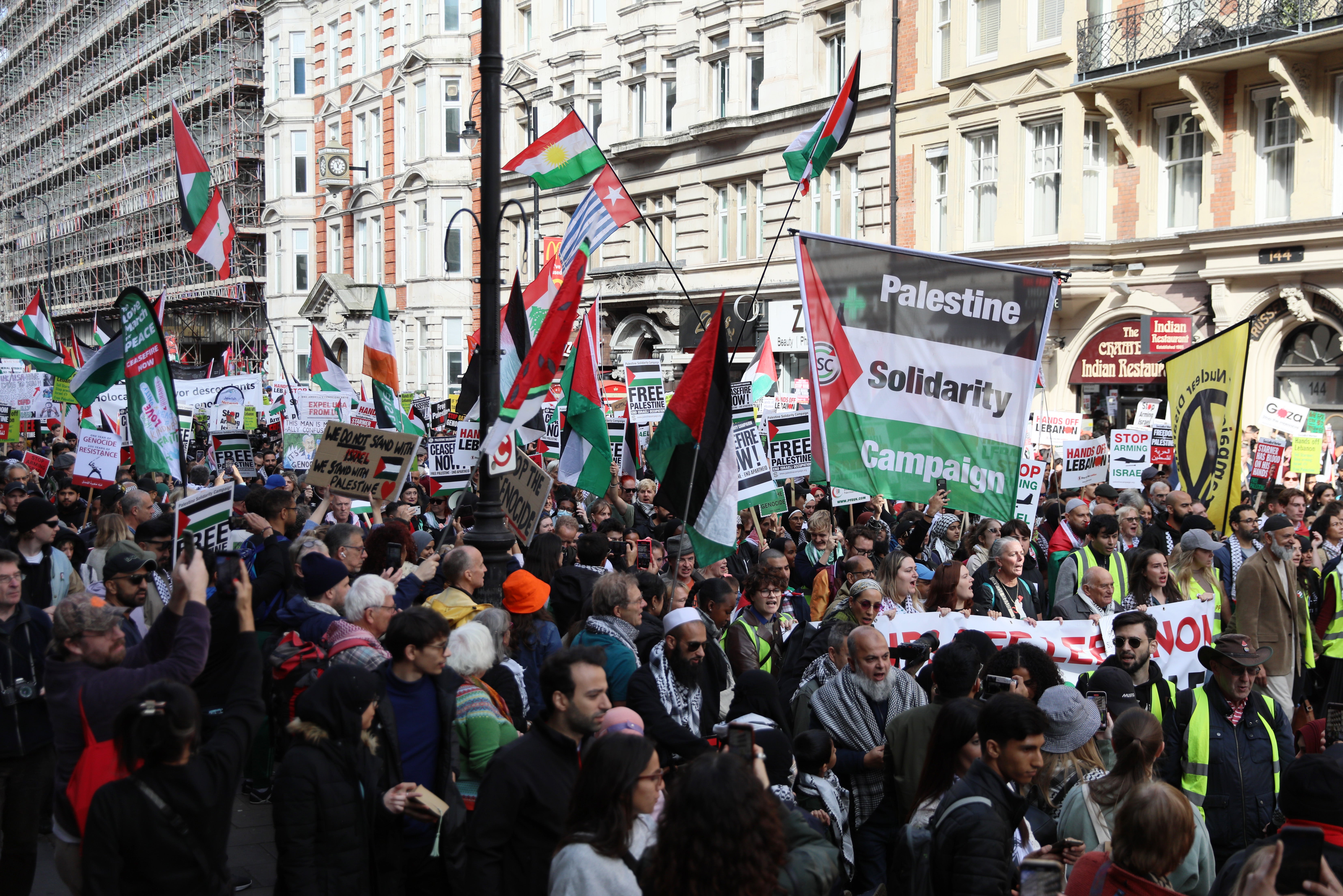 Protesters gather for a 'Stop The War Coalition' demonstration against Israeli strikes on Gaza and Lebanon