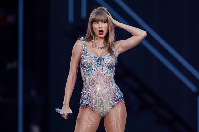 <p>Taylor Swift performs on stage as part of her Eras Tour in Lisbon on May 24, 2024</p>