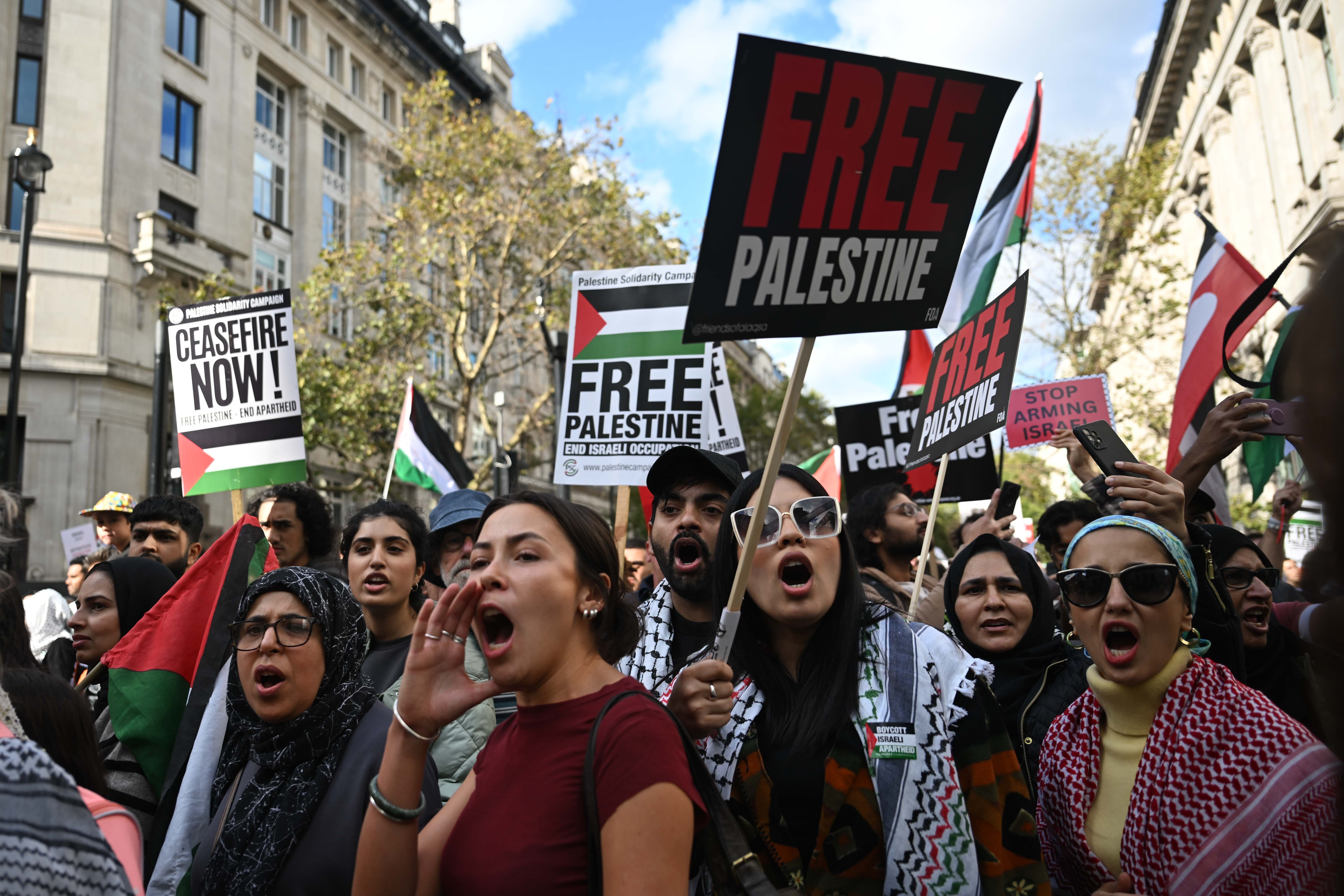 Pro-Palestinian activists and supporters wave flags and hold placards as they pass through central London on Saturday