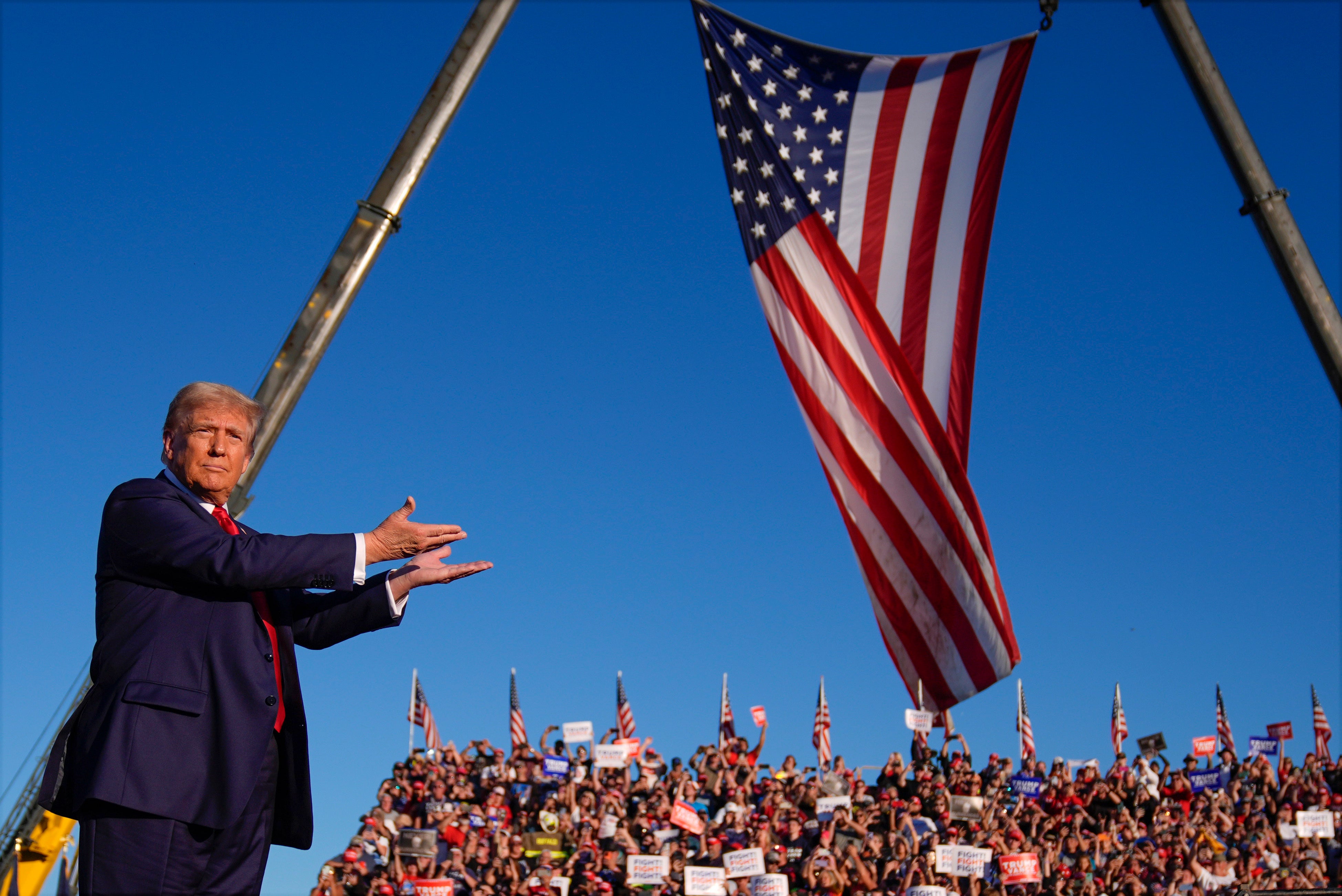 Republican presidential candidate former President Donald Trump arrives for a campaign event at the Butler Farm Show on Saturday, October 5, 2024, in Butler, Pennsylvania. (AP Photo/Evan Vucci)