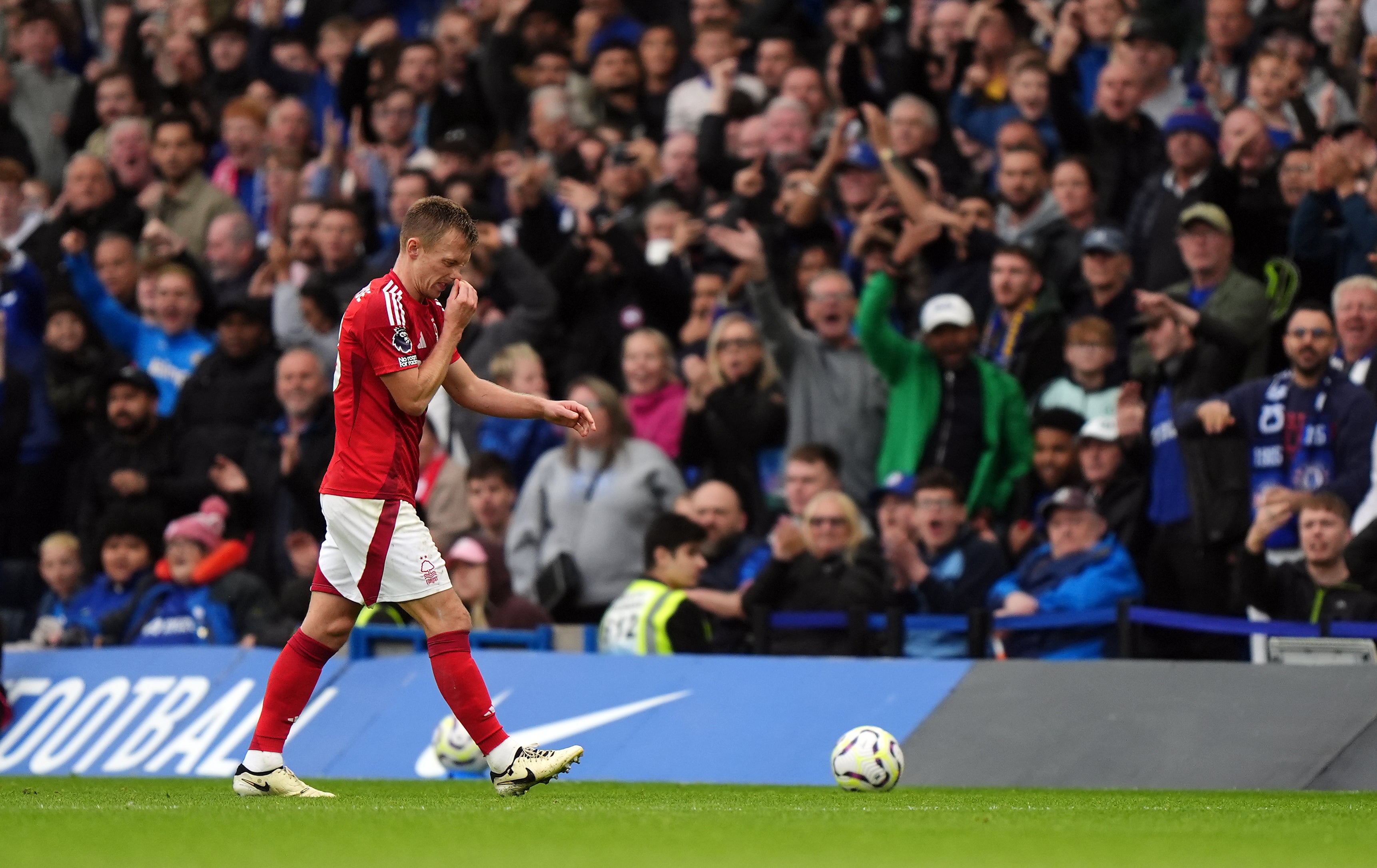 Nottingham Forest’s James Ward-Prowse leaves the pitch after being sent off (Bradley Collyer/PA)