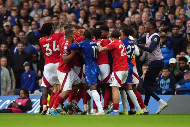 <p>Tempers flare between Chelsea and Nottingham Forest players at Stamford Bridge</p>