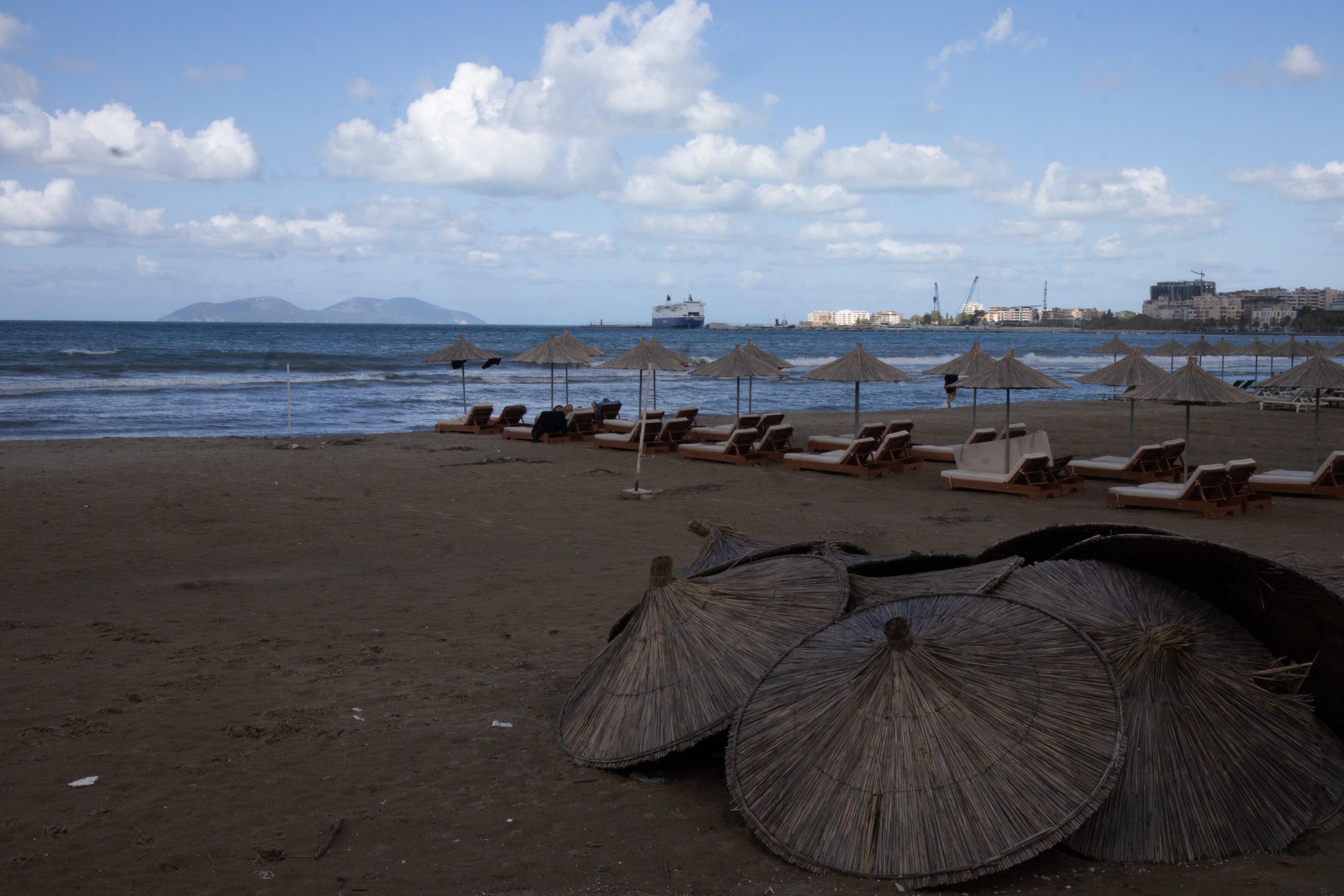 The seafront in Vlore, with Sazan island in the distance