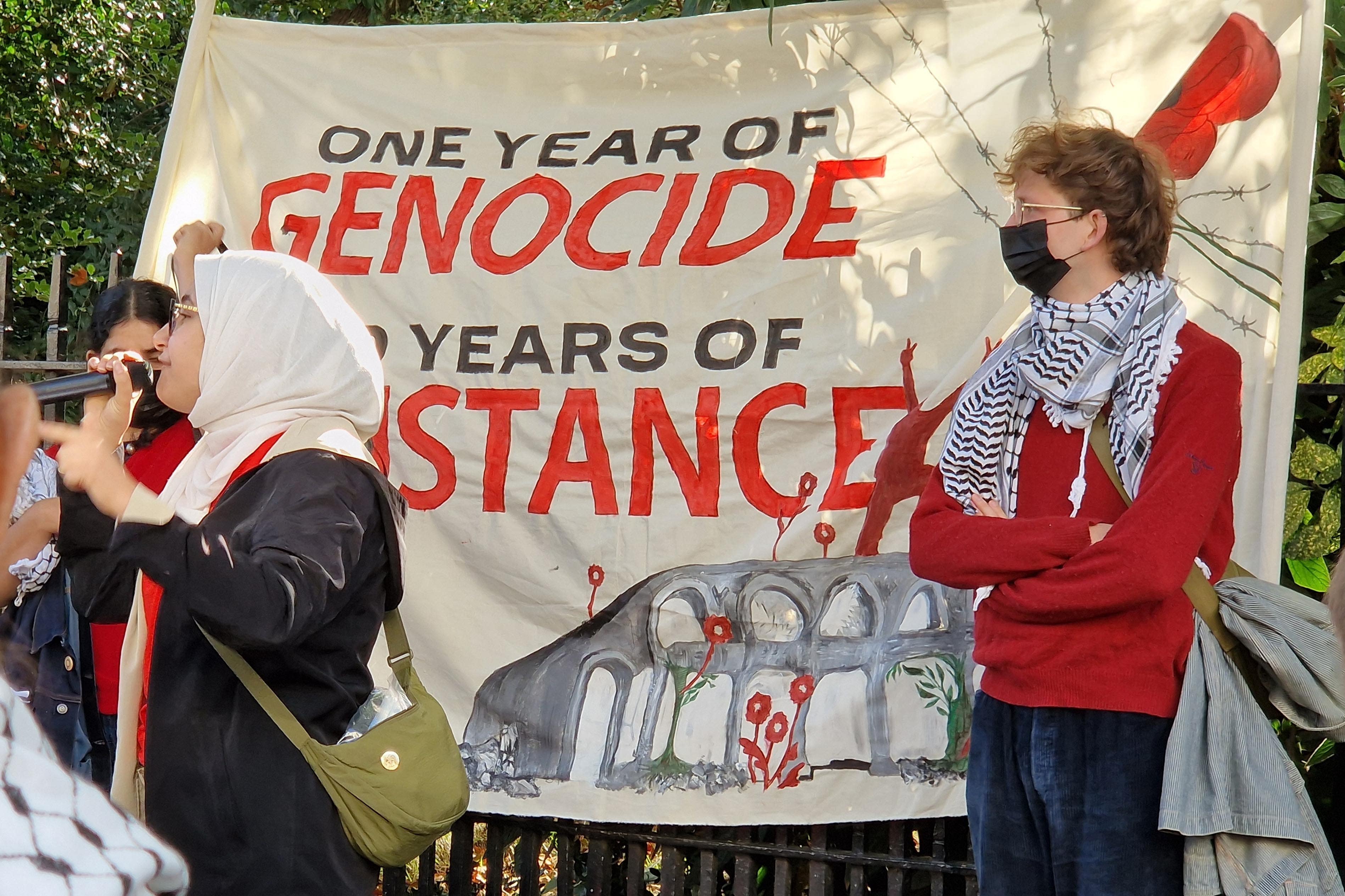 Demonstrators at Bedford Square prepare to take part in a pro-Palestine march in central London organised by the Palestine Solidarity Campaign and other groups (PA)