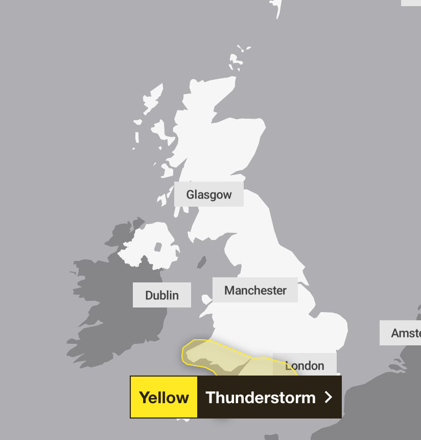 The weather service has issued a yellow thunderstorm warning from 4pm to 11.59pm on Monday across much of South Wales, South West England, and parts of southern England