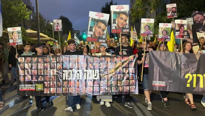 Israeli hostages’ families march to Netanyahu’s home on 7 October anniversary