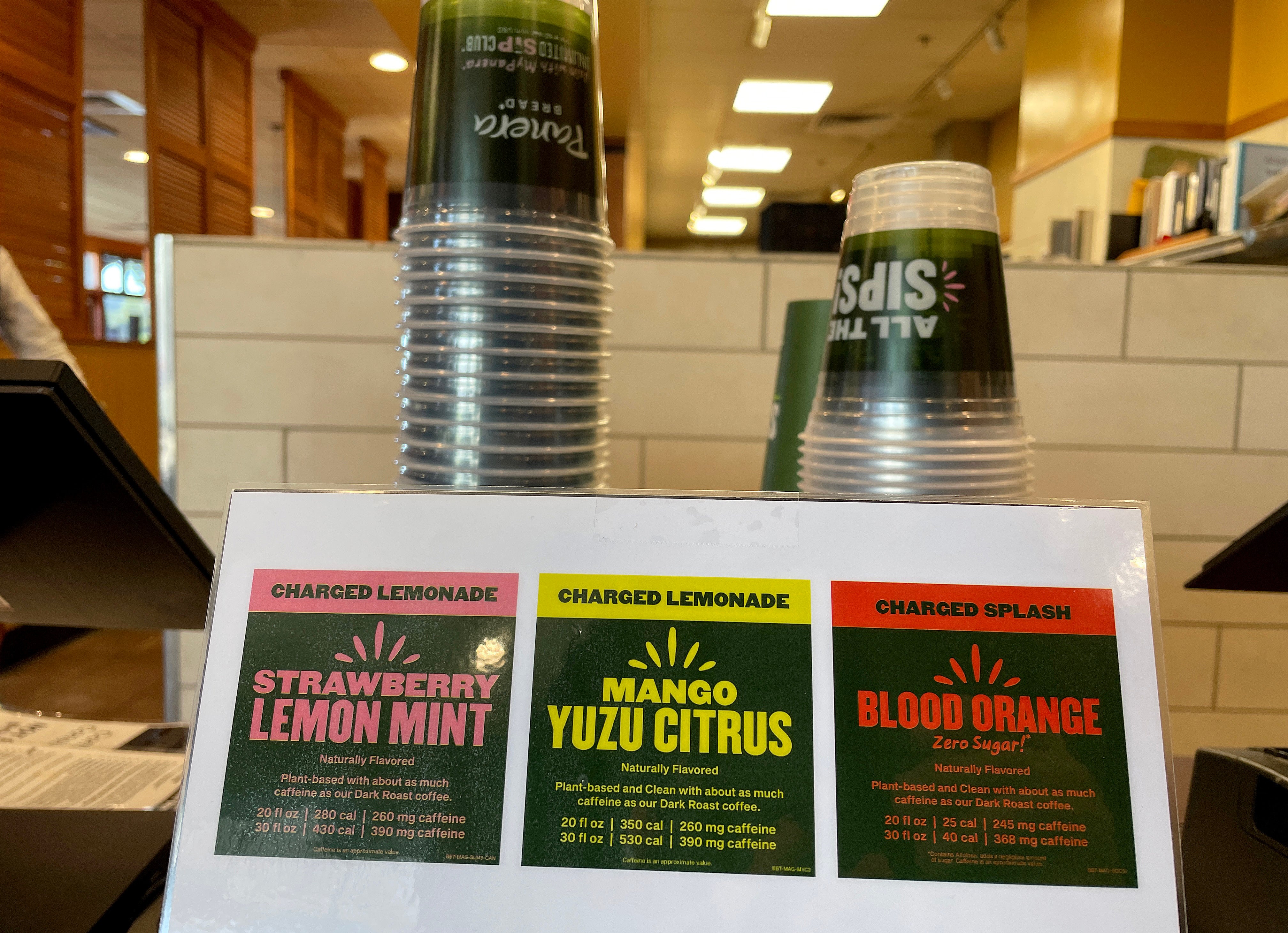 Flavors of charged lemonade are displayed at a Panera Bread restaurant on November 01, 2023 in Novato, California. A lawsuit following the death of student who drank the beverage has been settled