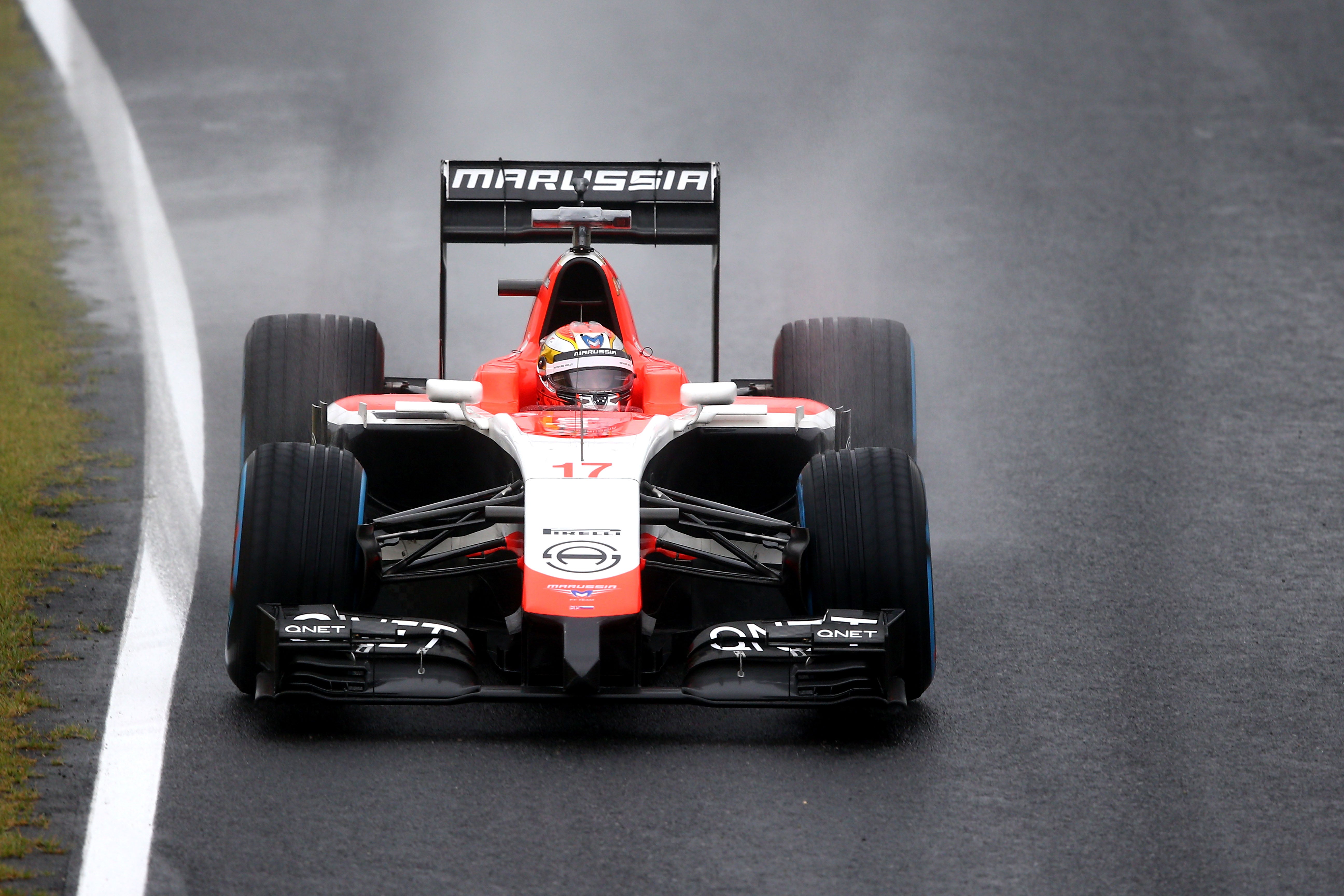 The French driver’s Marussia car slipped off track and crashed into a recovery vehicle