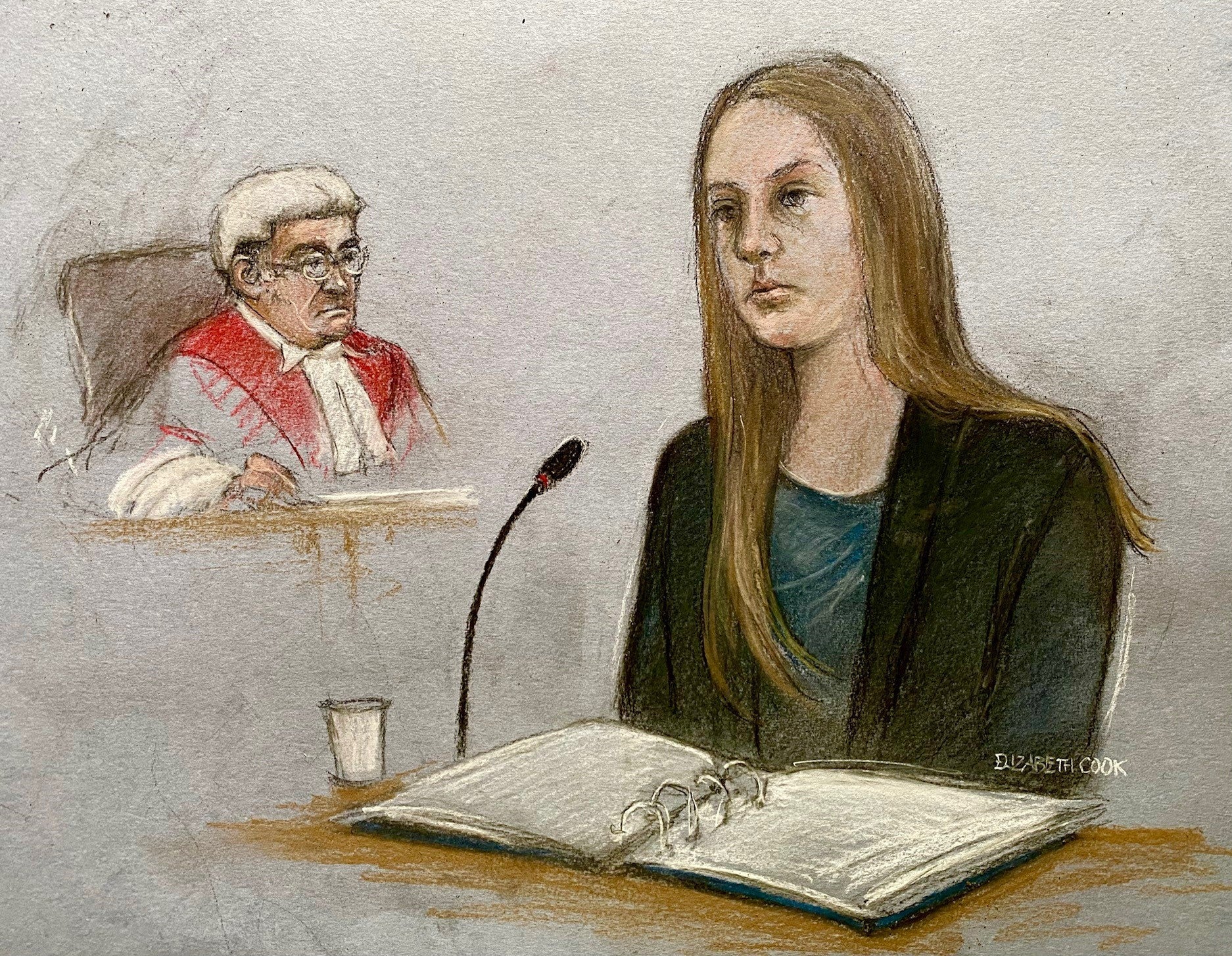 A sketch of Letby giving evidence during her trial at Manchester Crown Court