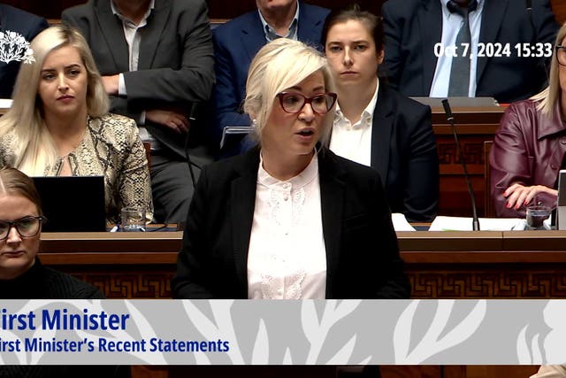 An NI Assembly Broadcasting screen grab of First Minister Michelle O’Neill answering questions in the Northern Ireland Assembly (NI Assembly/PA)