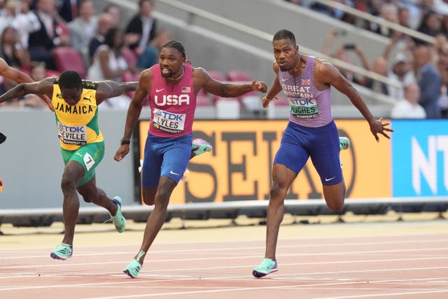 <p>Zharnel Hughes, right, has fallen foul of the false start rules before</p>