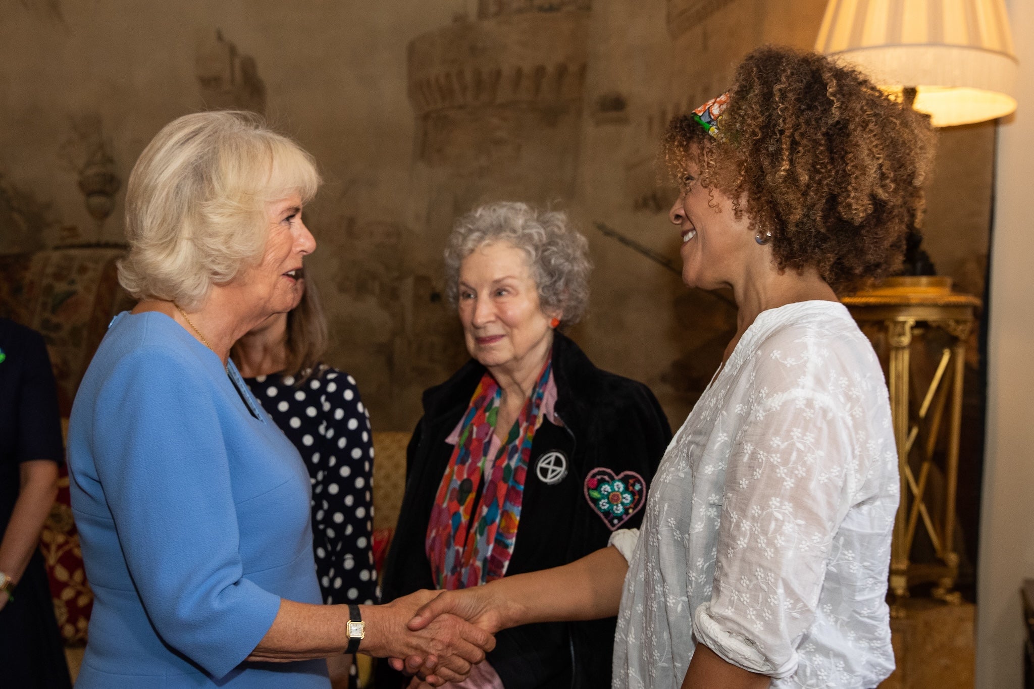 Evaristo and Atwood meeting Camilla, the then Duchess of Cornwall, in 2019