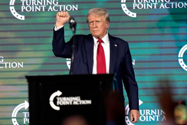 <p>Republican presidential candidate former President Donald Trump gestures as he finishes speaking at The Believers' Summit 2024 at a Turning Point Action event in West Palm Beach, Fla., July 26, 2024</p>