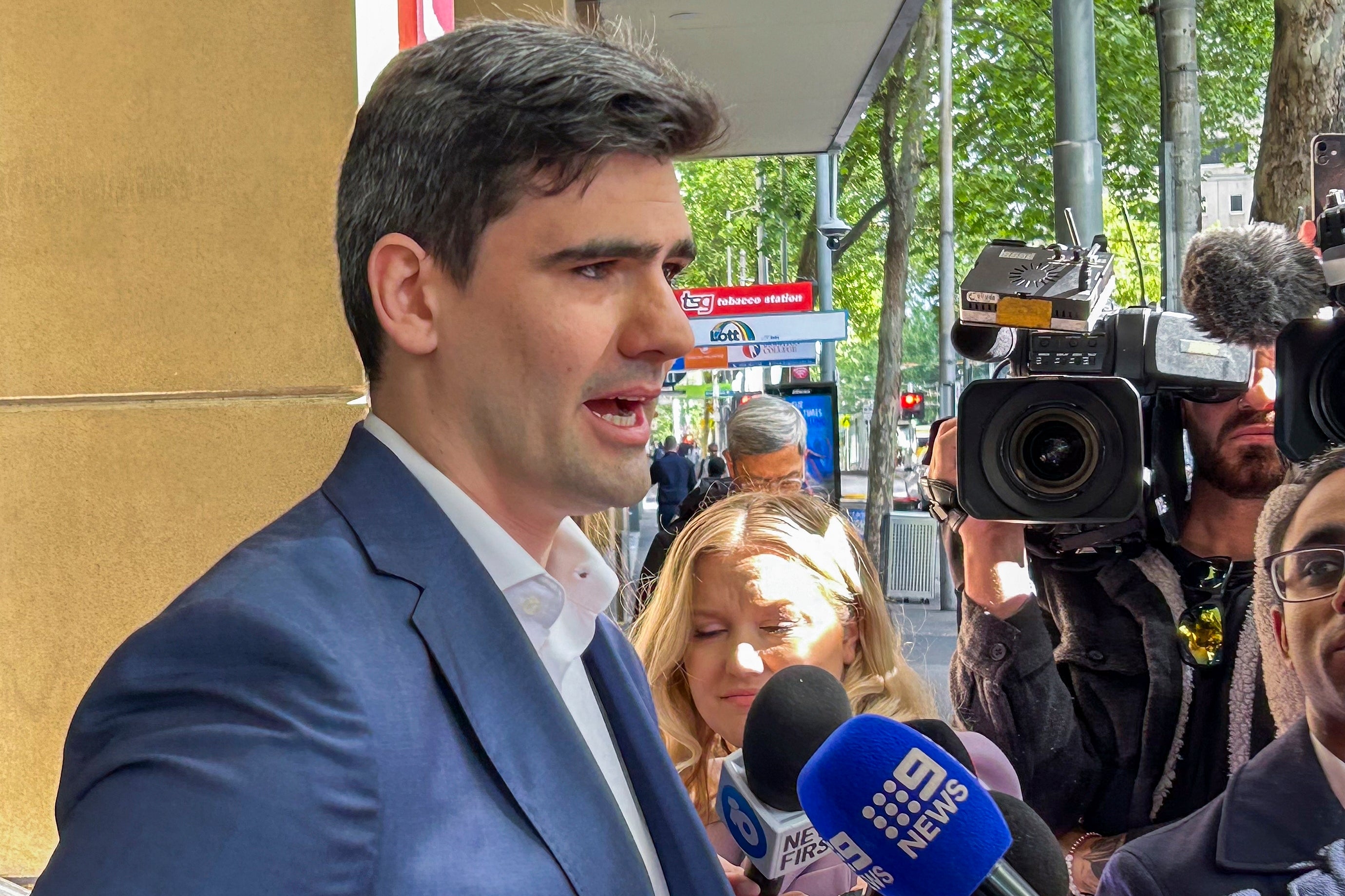 Jacob Hersant, a self-described Nazi, talks to the media outside the Melbourne Magistrates Court