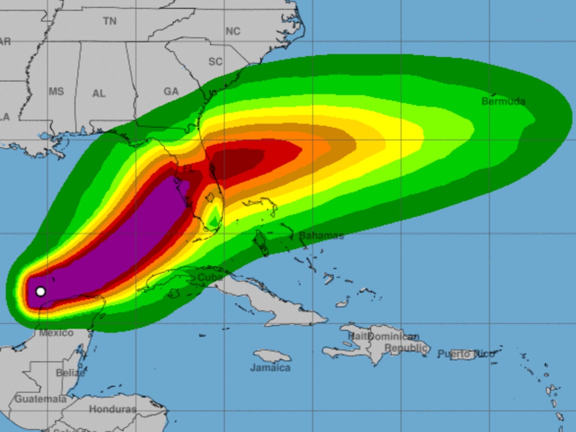 Danger zone: Predicted wind speed map for Hurricane Milton at 2am Florida time, Tuesday 8 October 2024