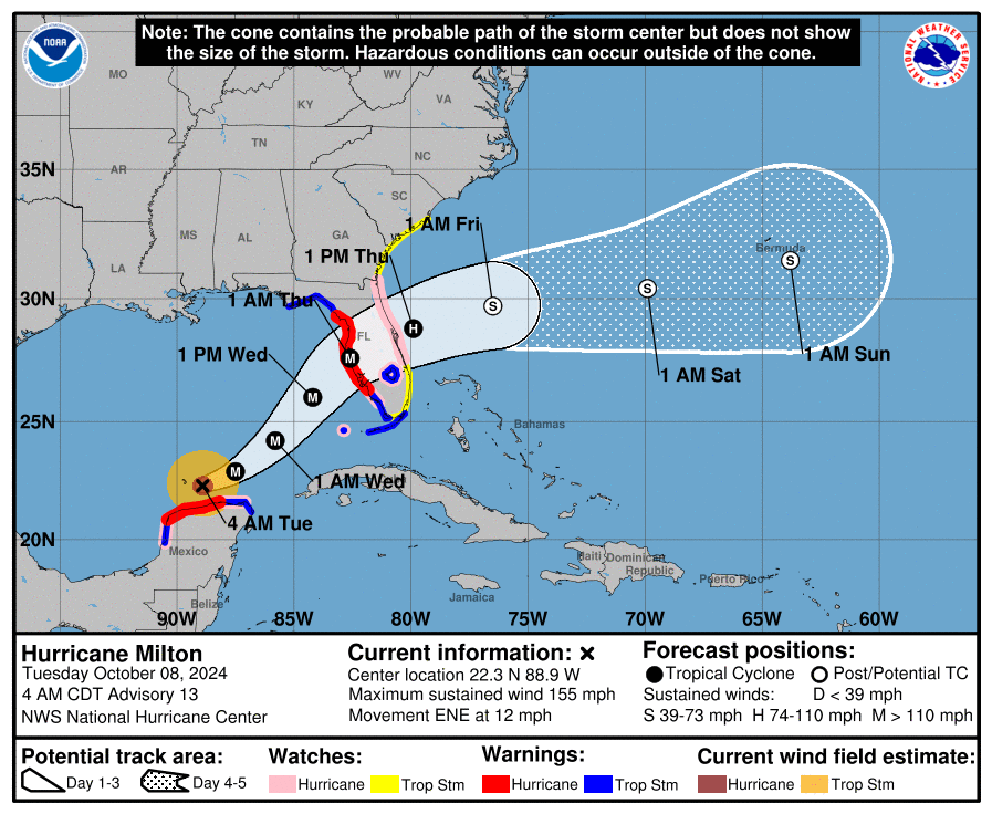 National Hurricane Center’s map charts the expected path of Milton over the coming days into the weekend