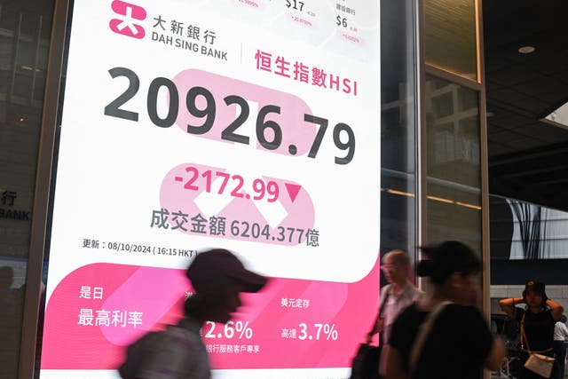 <p>Pedestrians walk past a sign showing the numbers of the Hang Seng Index in Hong Kong on October 8, 2024.</p>