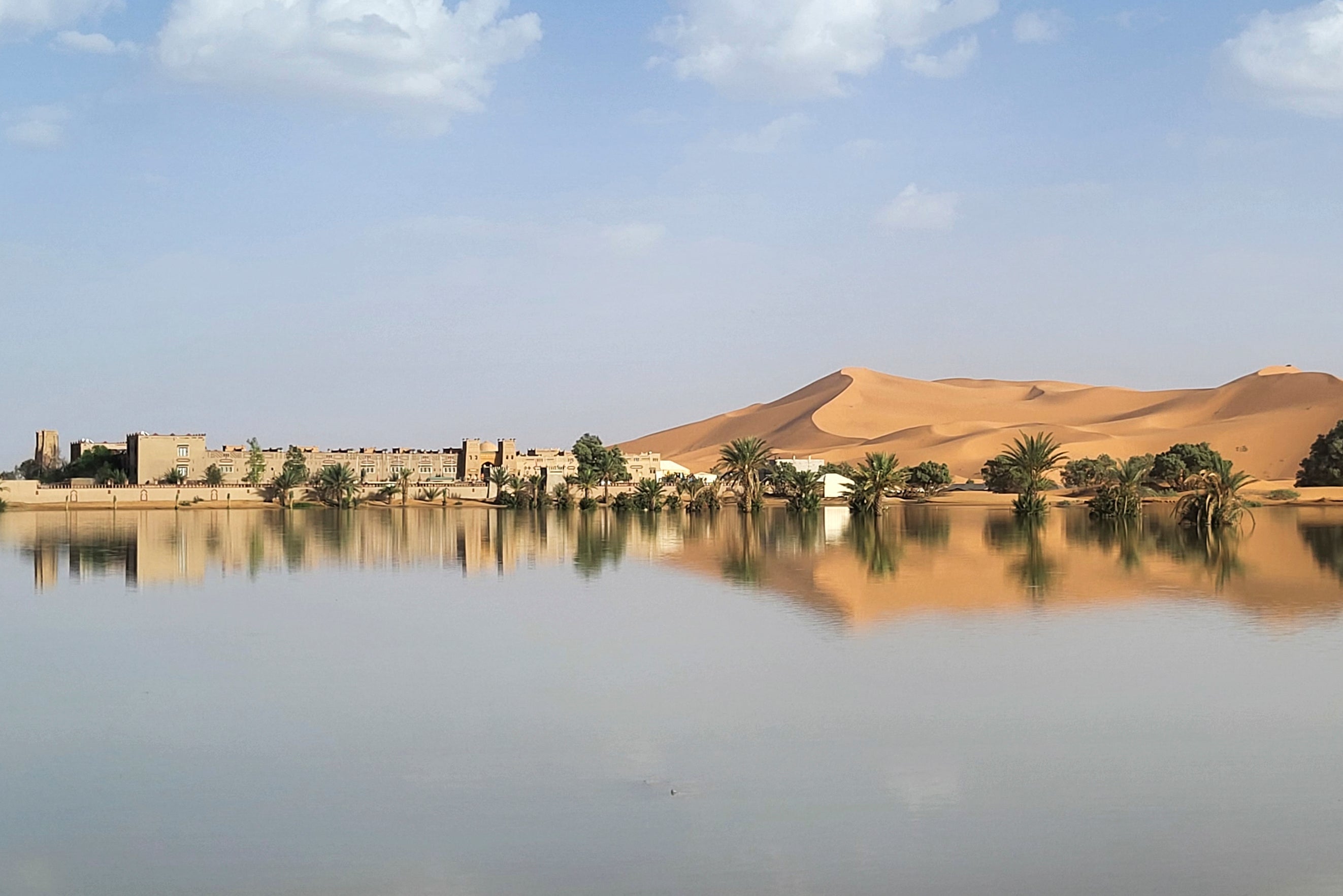 An oasis is reflected in a lake caused by heavy rainfall in the desert town of Merzouga, near Rachidia