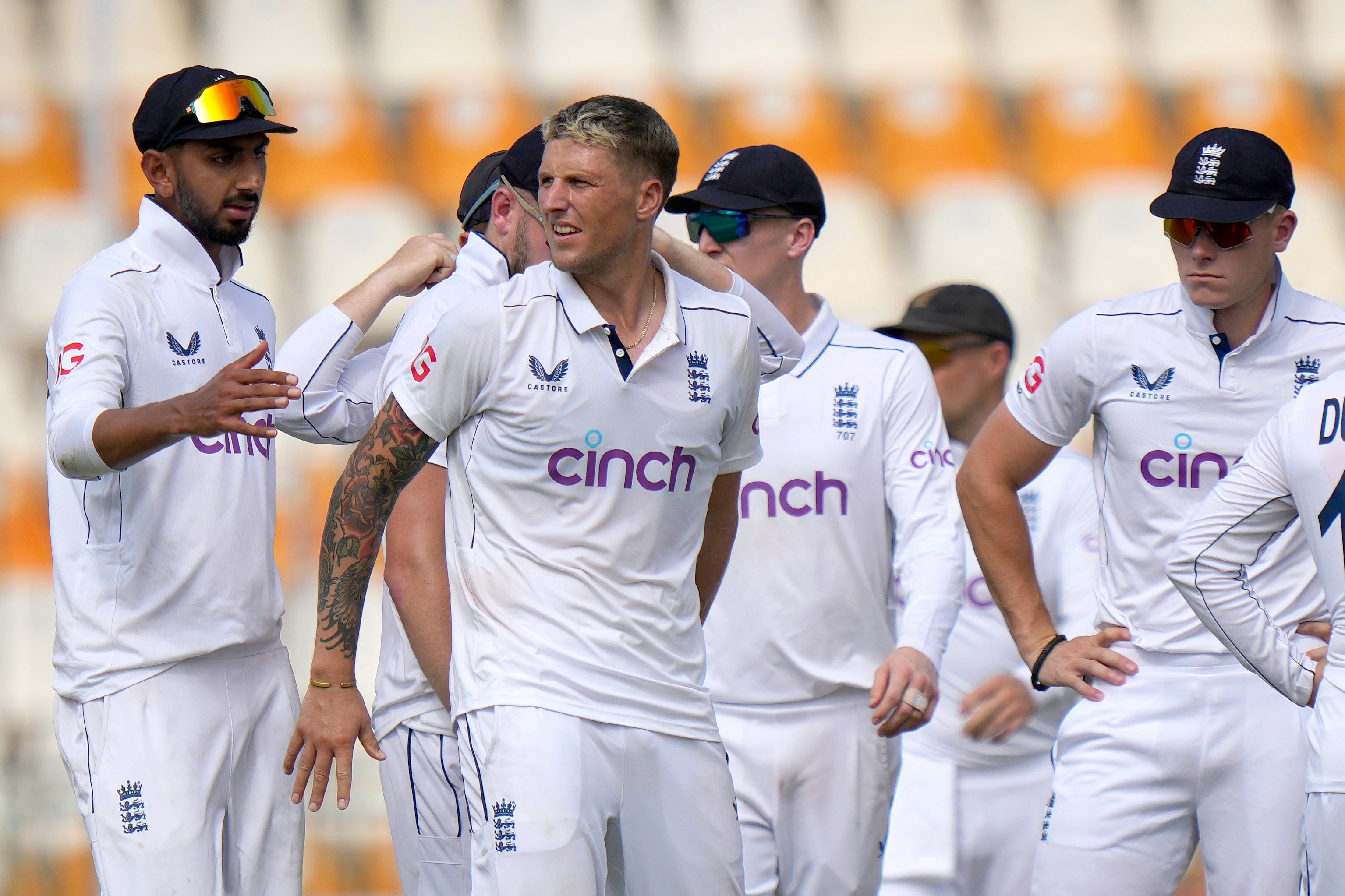 Brydon Carse was among the wickets on his Test debut but England were made to toil (Anjum Naveed/AP)