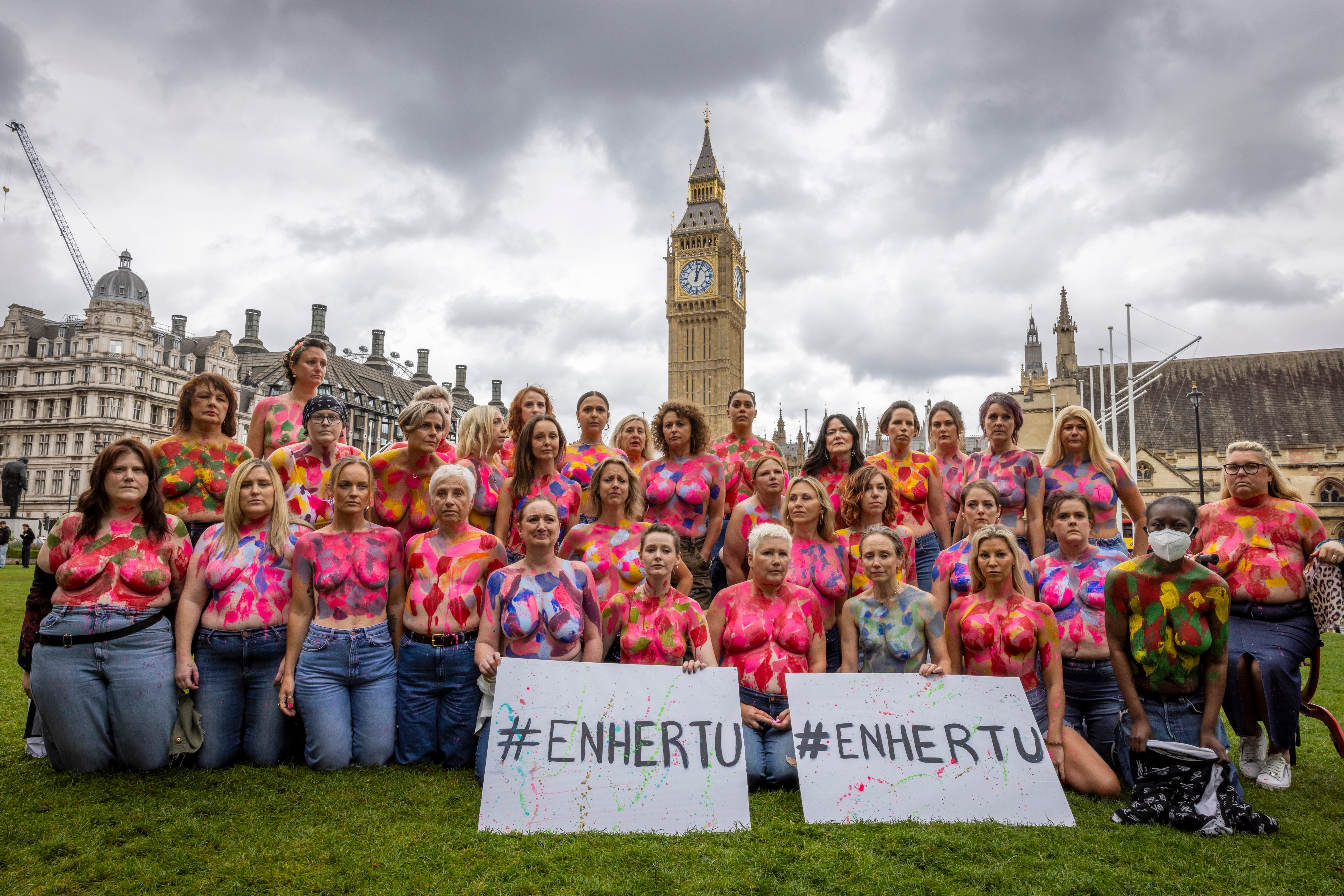 Loose Women presenter Nadine Sawalha joins topless activists outside parliament to demand the NHS funds Enhertu