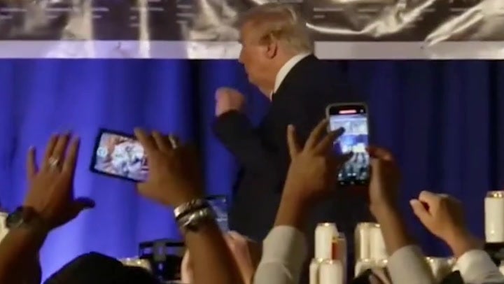 <p>Trump dances along to YMCA at end Hamas 7 October attack speech.</p>