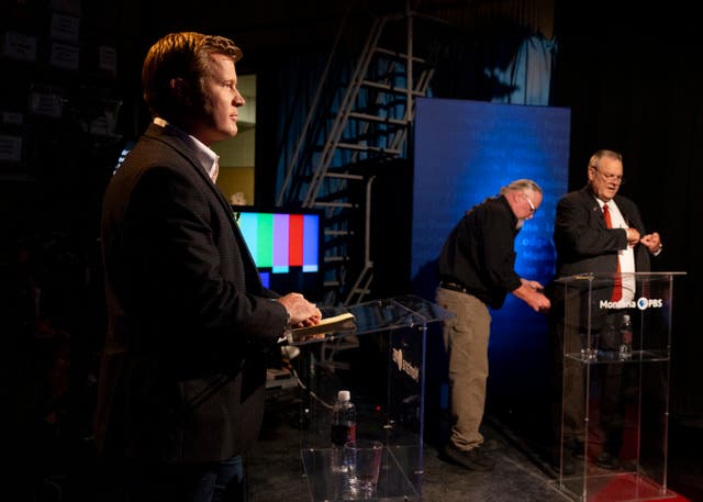 <p>Tim Sheehy, left, and Jon Tester, right, participate in a debate as part of the Montana Senate election </p>