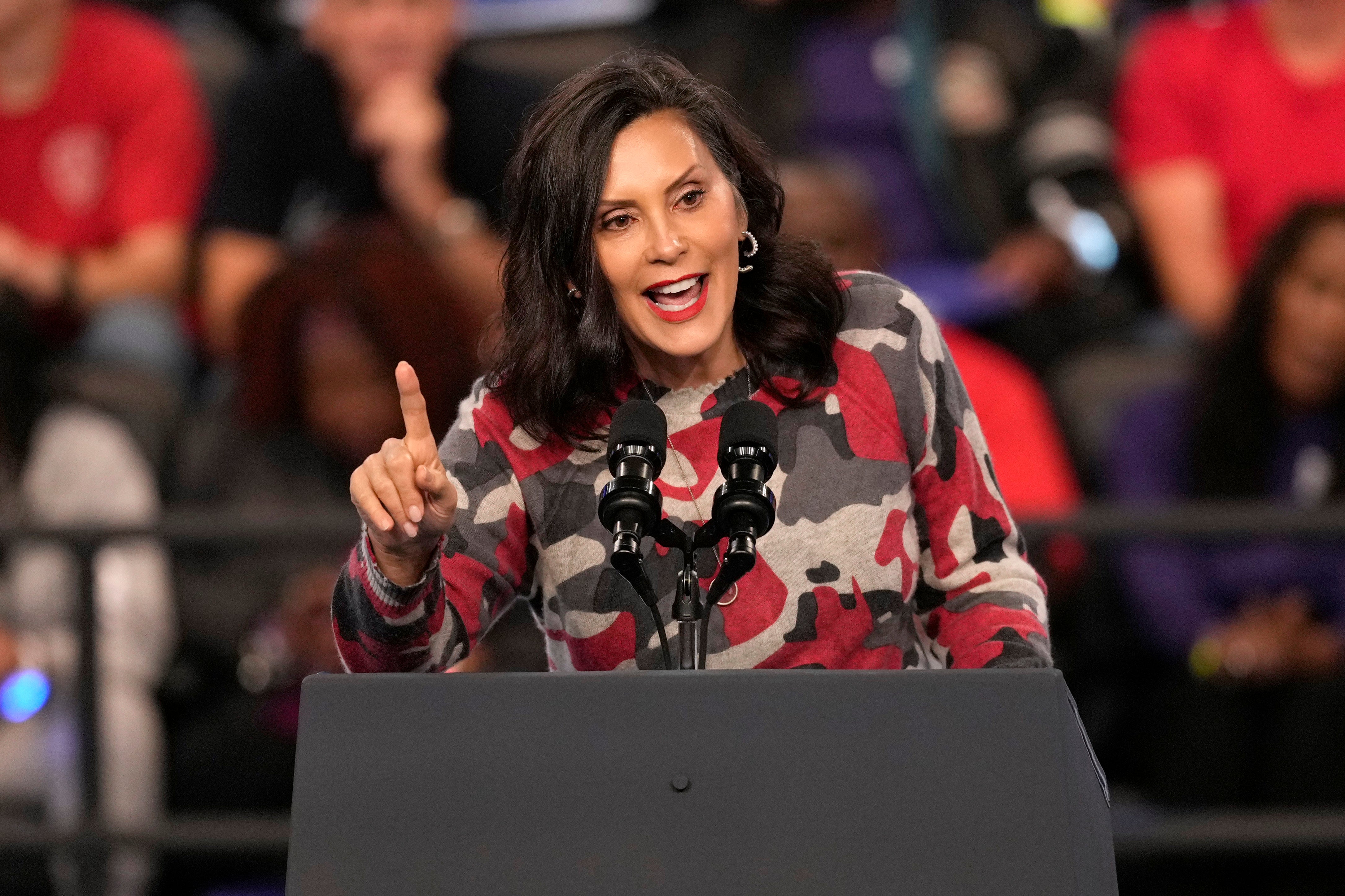 Michigan Governor Gretchen Whitmer speaks before Kamala Harris during a campaign rally at in Flint