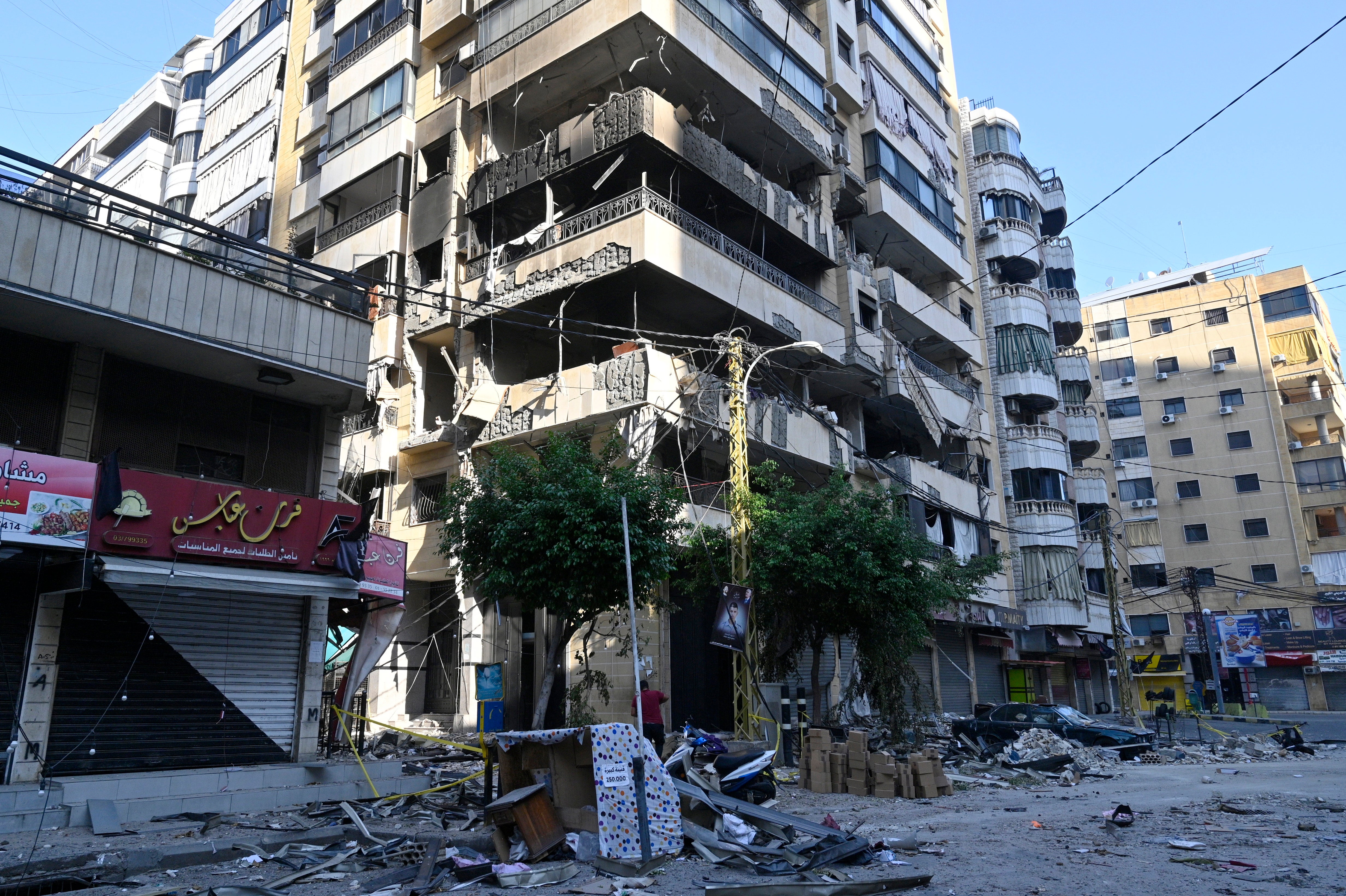 A damaged tower block in Beirut, Lebanon, following Israeli strikes on the capital city