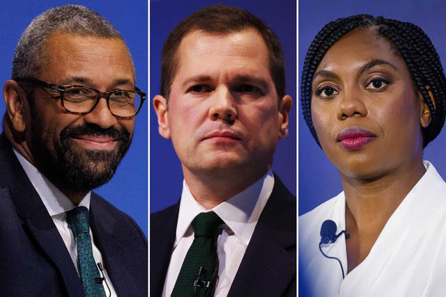 <p>James Cleverly, left, Robert Jenrick, centre, Kemi Badenoch, right, were in the final three of the leadership race </p>