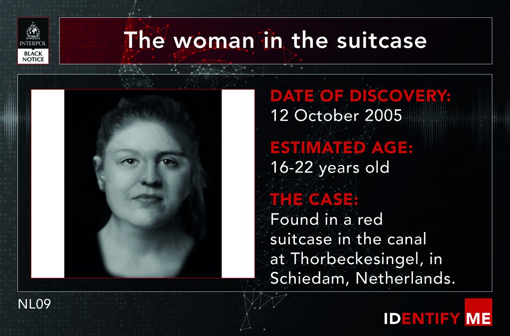 An image of a woman found in a red suitcase in the canal at Thorbeckesingel, in Schiedam, Netherlands