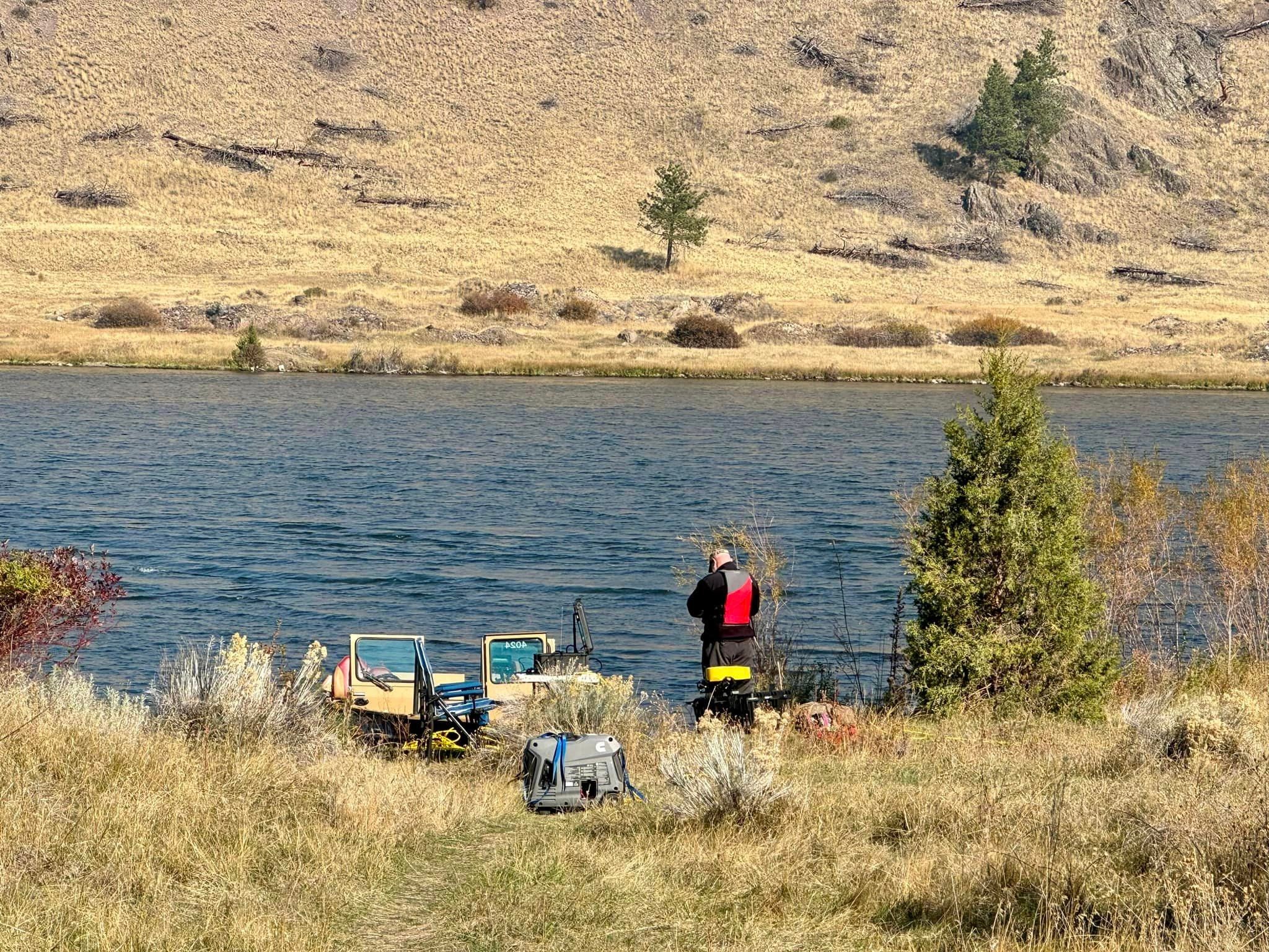 A search and rescue volunteer setting up a sonar machine. The Lewis and Clark County Sheriff’s Office is working to find Meghan Rouns, who disappeared while riding her horse on Friday near Helena, Montana