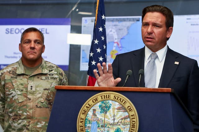 <p>Florida Governor Ron DeSantis is accusing Kamala Harris of politicizing the preparation for Hurricane Milton. DeSantis (R) speaks about Hurricane Helene as Adjutant General of Florida Major General John Haas looks on during a press briefing at the Emergency Operations Center in Tallahassee, Florida, U.S., September 26</p>