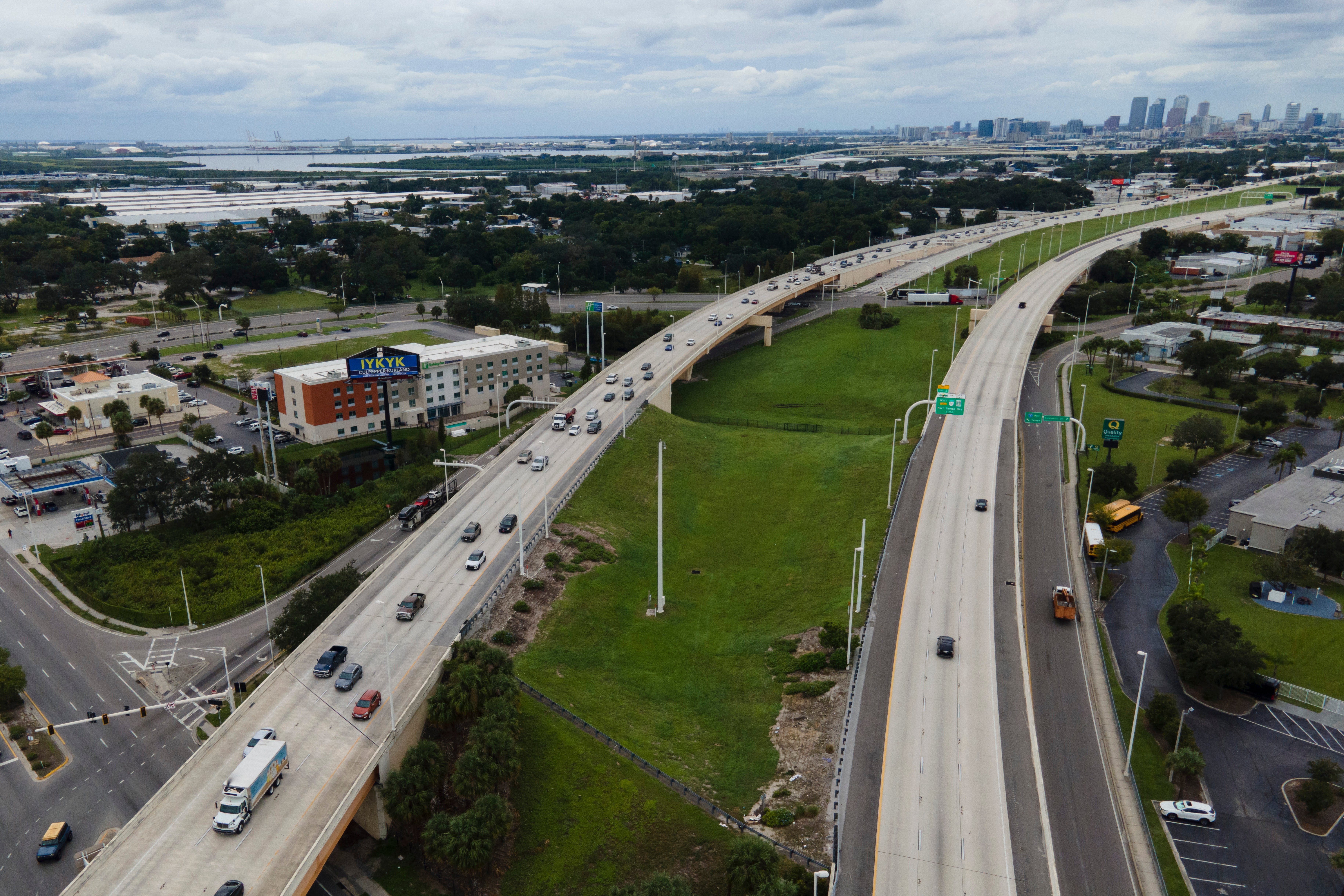 A drone image captures cars evacuating on Tampa highways Tuesday. State officials told residents that the time to leave the area is now.