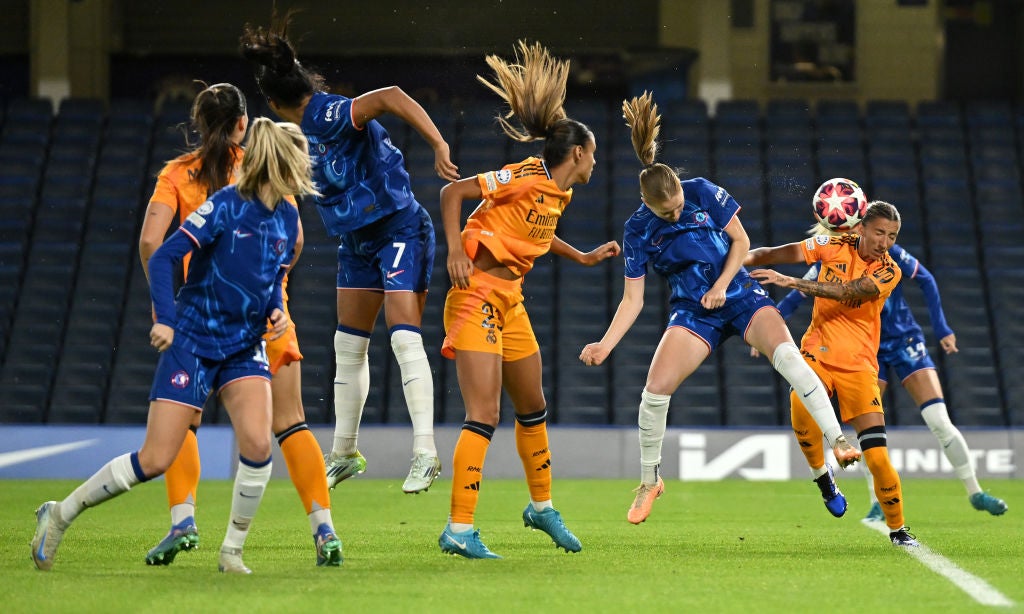 Nusken’s header deflects in for Chelsea’s opening goal against Real Madrid