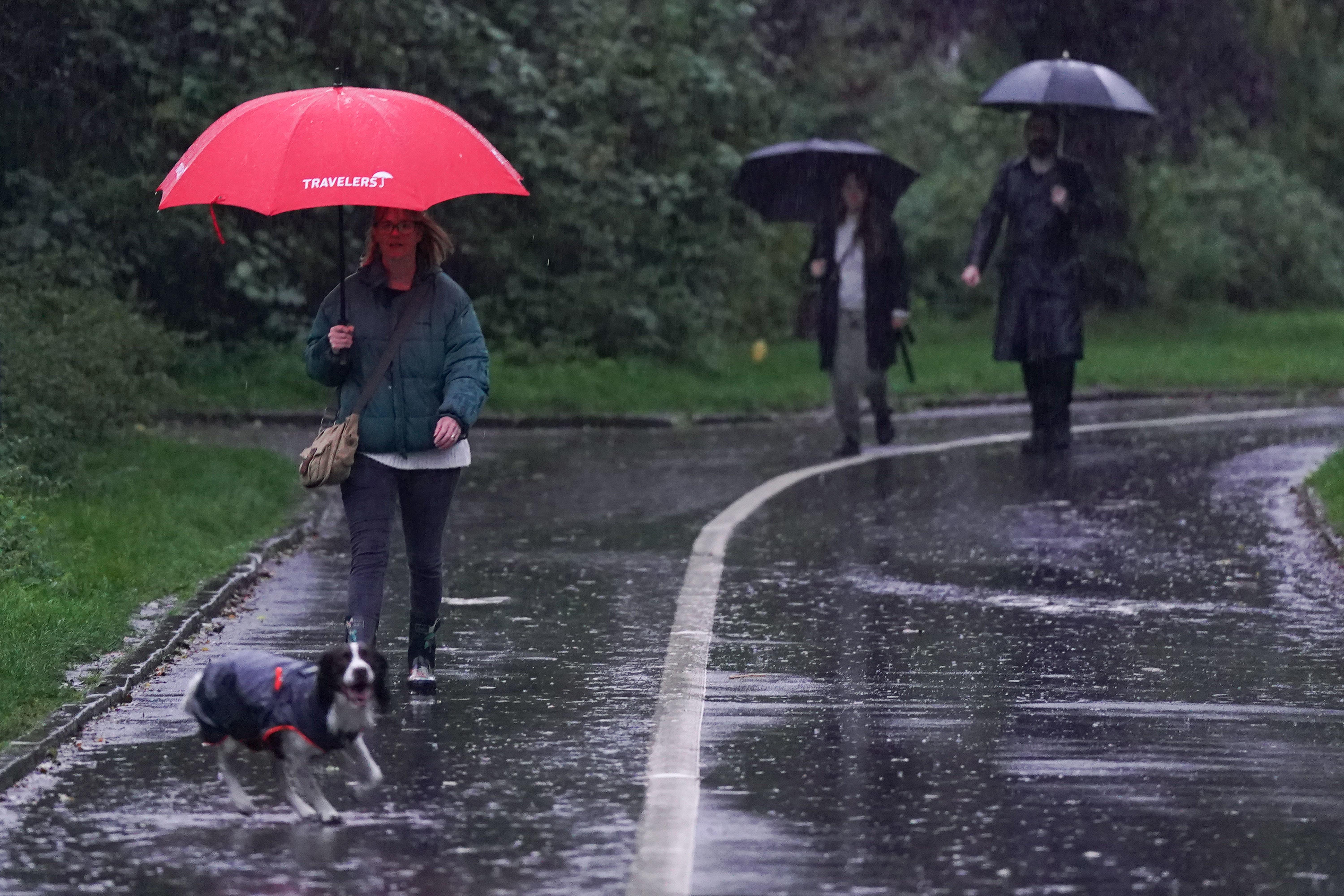 People use umbrellas as they walk during a rain shower in Warwick (Jacob King/PA)