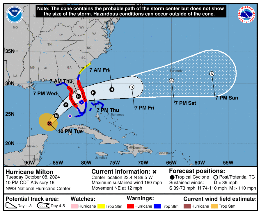 Map from National Hurricane Center shows projected path of Hurricane Milton. The cone does not show the size of the storm and its impact could be felt outside of it