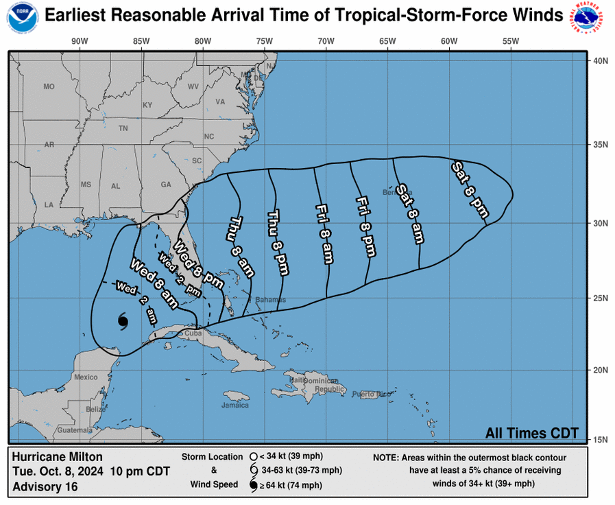 Map shows earliest reasonable arrival time of hurricane force winds in Florida as Milton nears