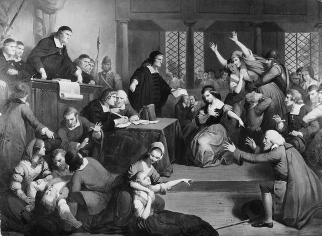 <p>People fainting and causing disorder in 1692 courtroom during trial of a suspected witch</p>