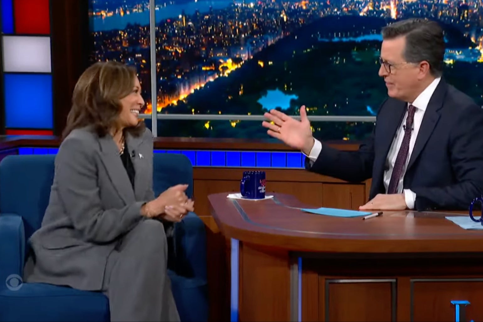 Democratic presidential nominee Kamala Harris speaks to Stephen Colbert on The Late Show with Stephen Colbert on Tuesday October 9 2024