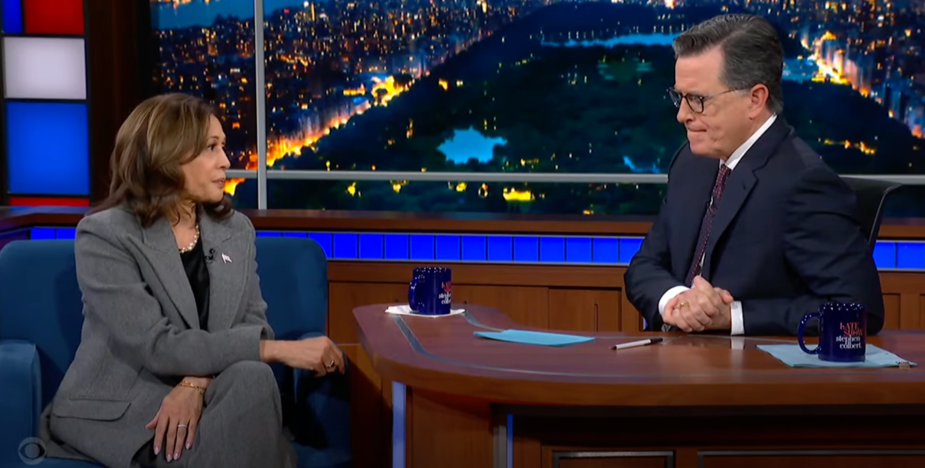 Democratic presidential nominee Kamala Harris speaks to Stephen Colbert on The Late Show with Stephen Colbert on Tuesday October 9 2024