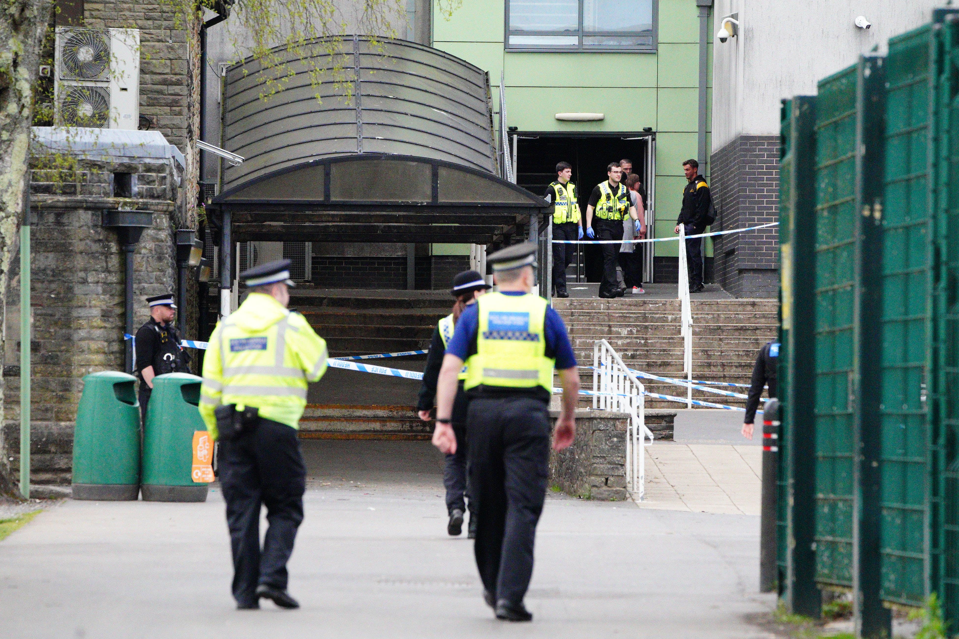 Police at Amman Valley school, in Ammanford, Carmarthenshire (Ben Birchall/PA)