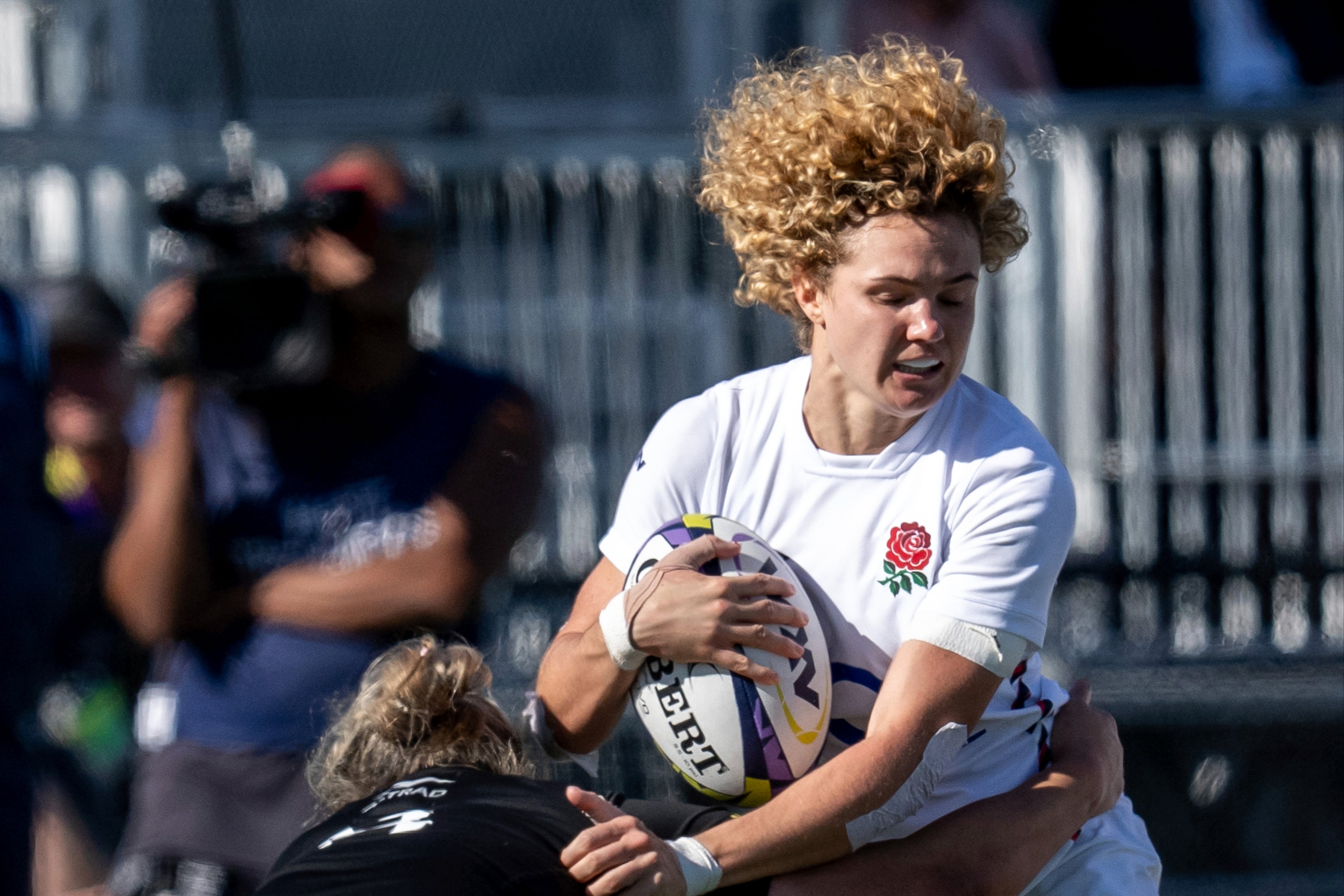 England’s Ellie Kildunne is tackled by New Zealand’s Kaipo Olsen-Baker