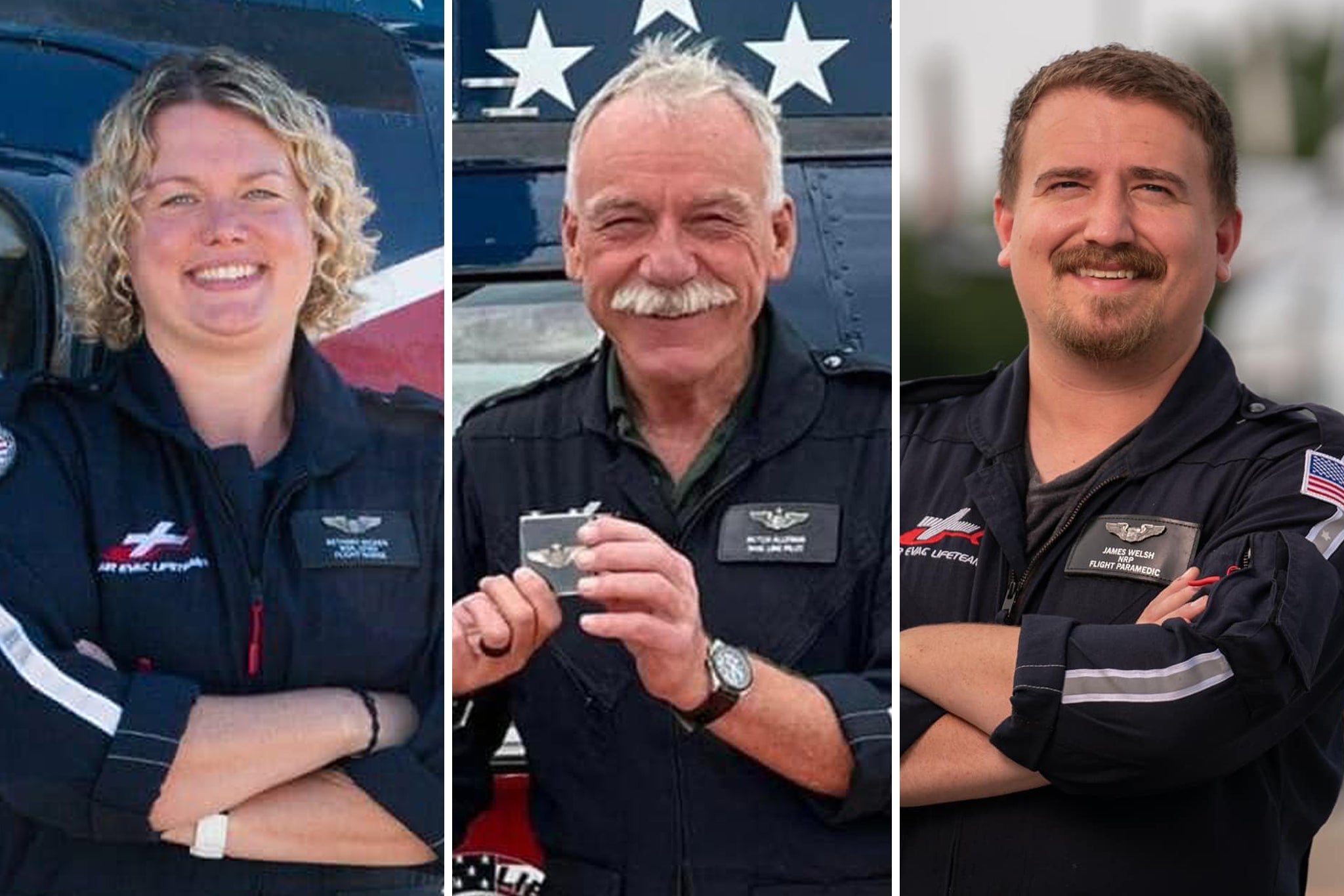 Pictured: Bethany Aicken (left), Gale Alleman (middle) and James Welsh (right); the members of Air Evac Lifeteam 133 (Williamstown, Kentucky) who died in a helicopter crash on Monday