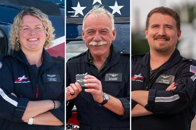 <p>Pictured: Bethany Aicken (left), Gale Alleman (middle) and James Welsh (right); the members of Air Evac Lifeteam 133 (Williamstown, Kentucky) who died in a helicopter crash on Monday </p>