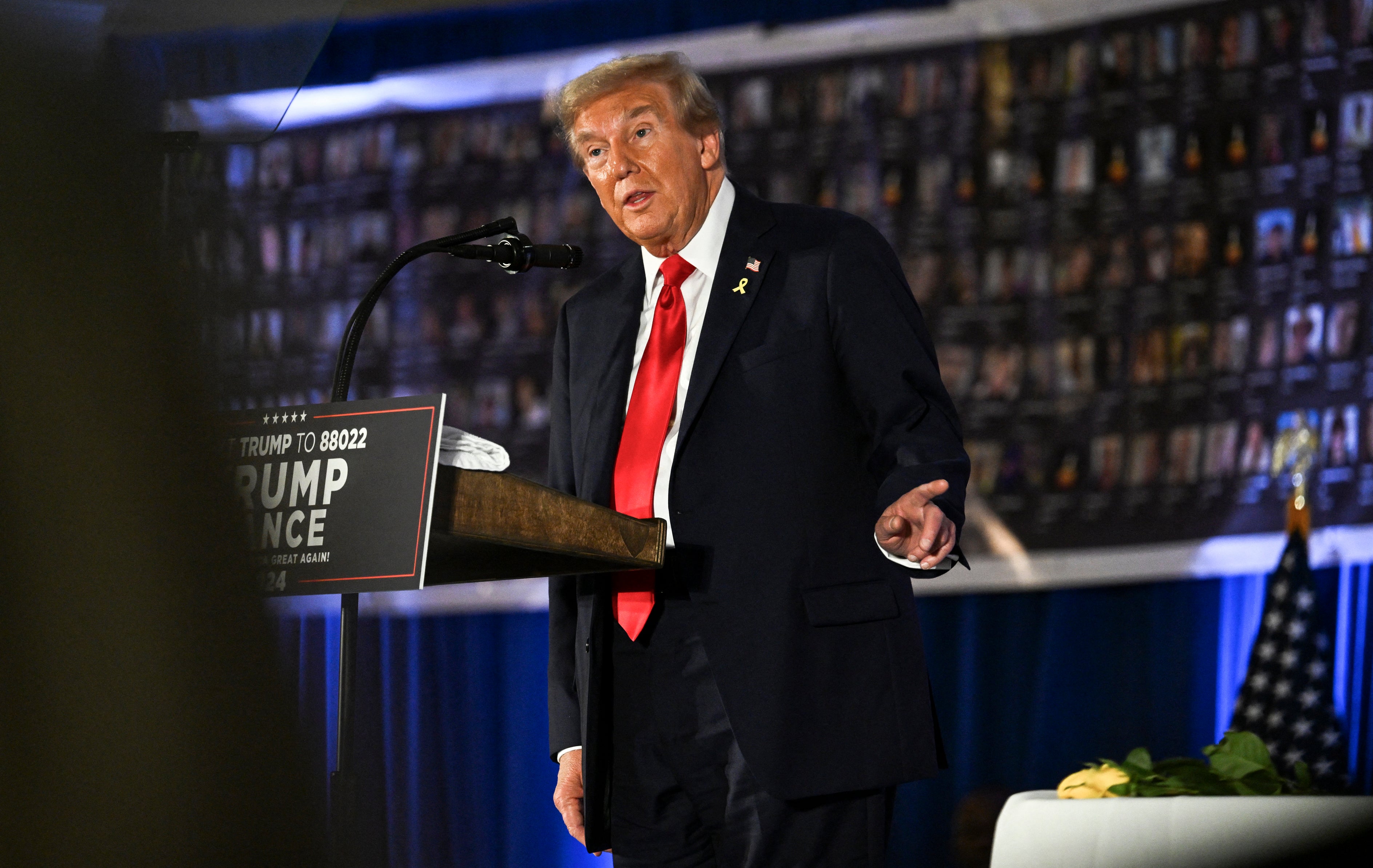 Donald Trump speaks during a remembrance event to mark the first anniversary of the Hamas attack on Israel at Trump National Doral golf club in Miami, Florida, on October 7, 2024. He will be holding a rally in Madison Square Garden in Manhattan later this month