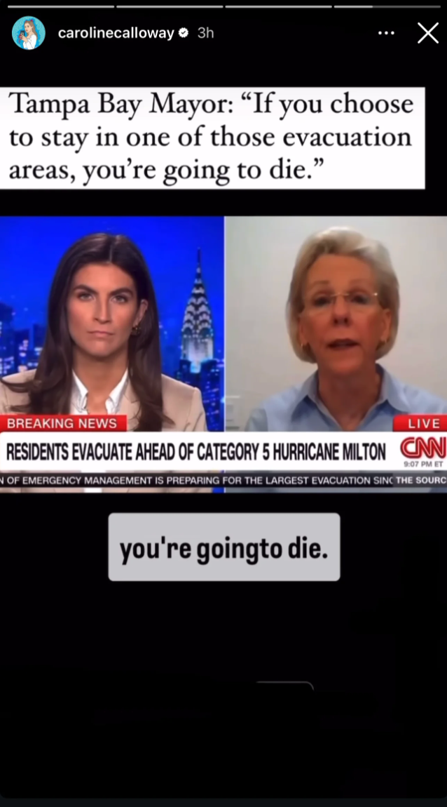 Caroline Calloway posts clip from Tampa Bay Mayor Jane Castor warning Floridians about Hurricane Milton